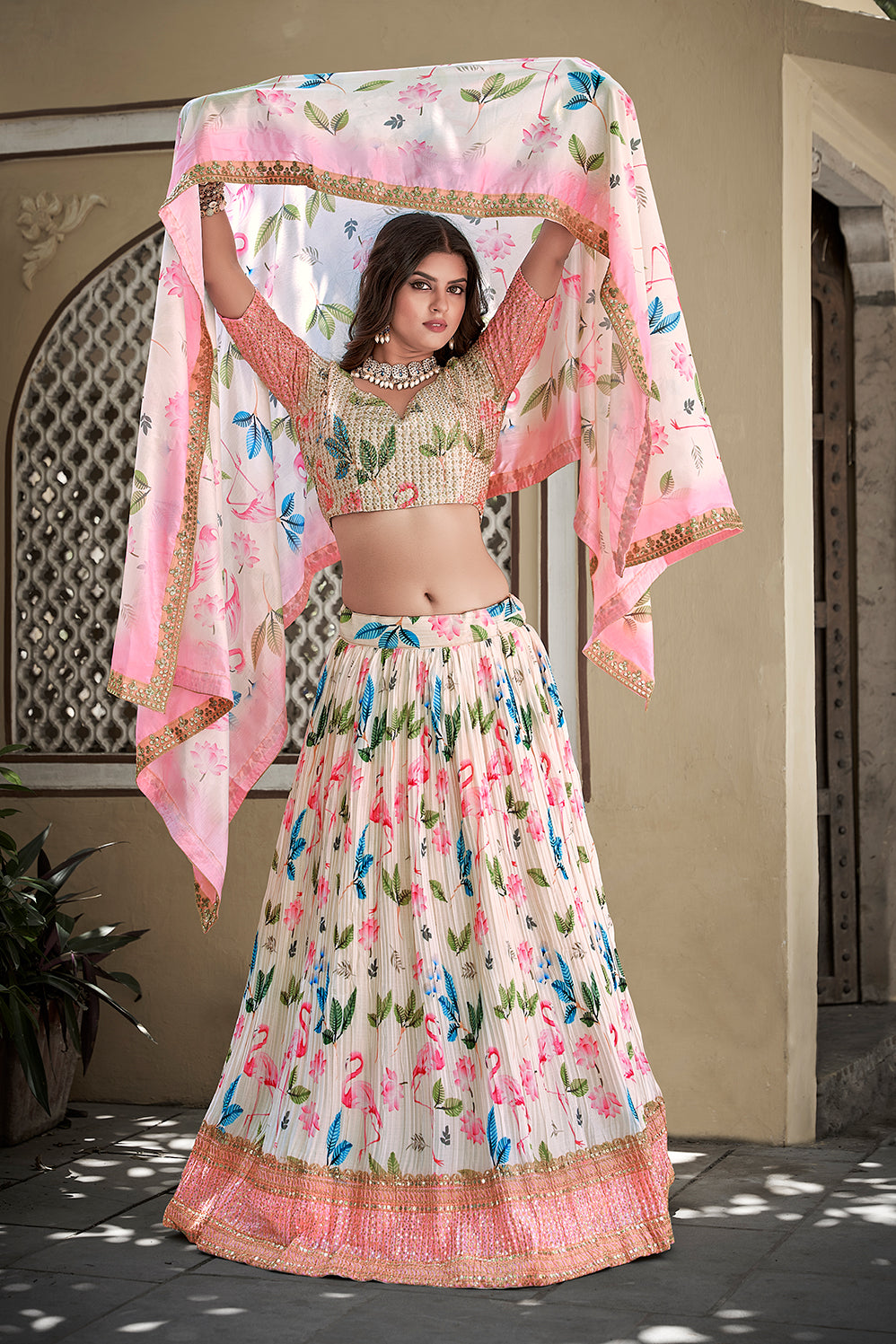 Floral Symphony White Lehenga Choli with Floral Print and Stunning Thread Sequin Work