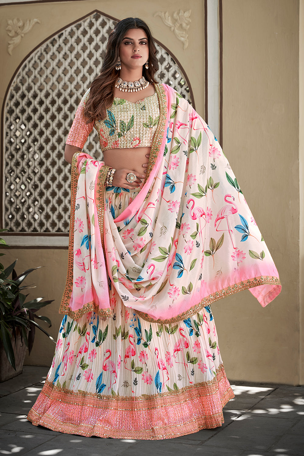 Floral Symphony White Lehenga Choli with Floral Print and Stunning Thread Sequin Work