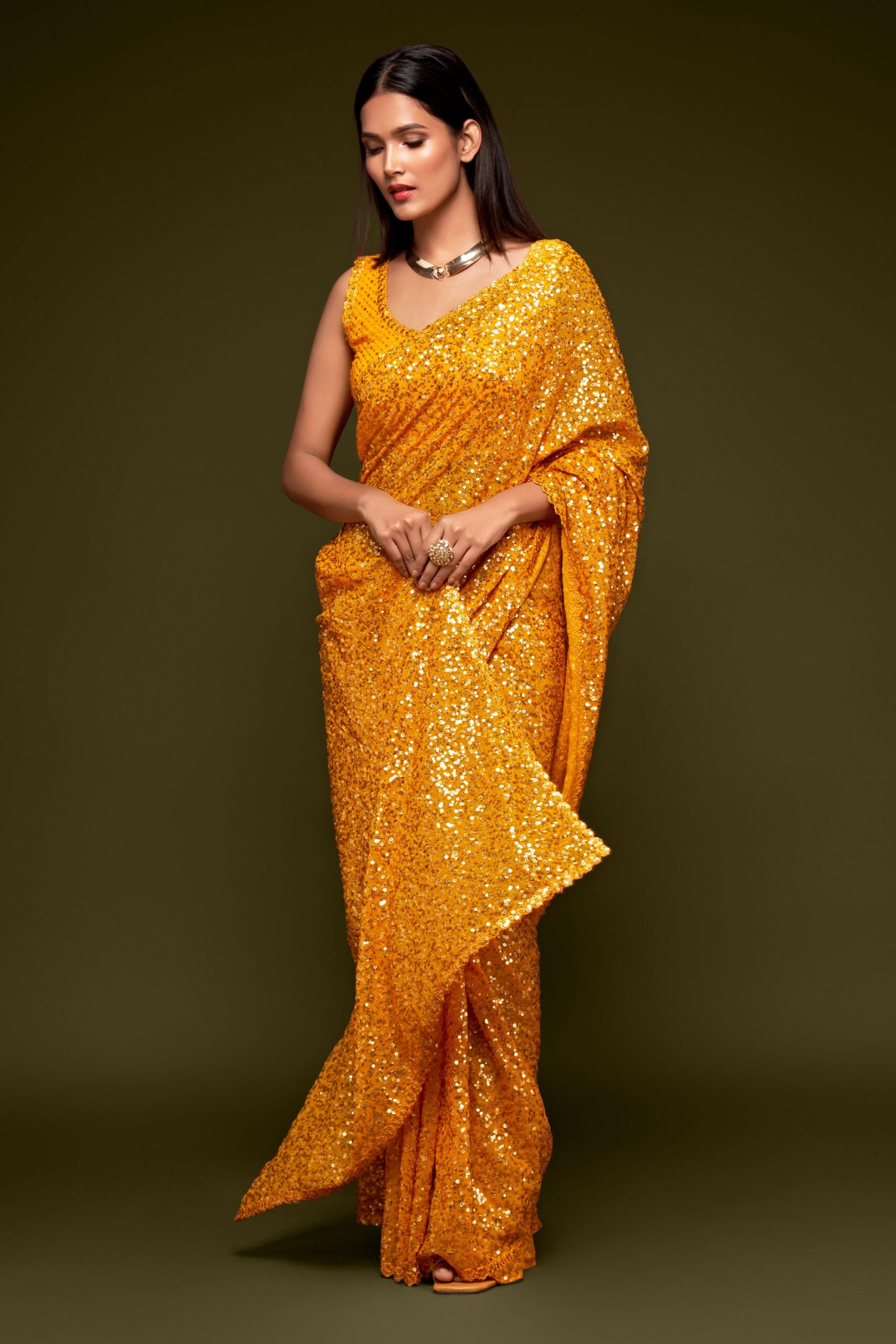 Lemon Zest Sparkle Saree A vibrant yellow thread work sparkling sequins