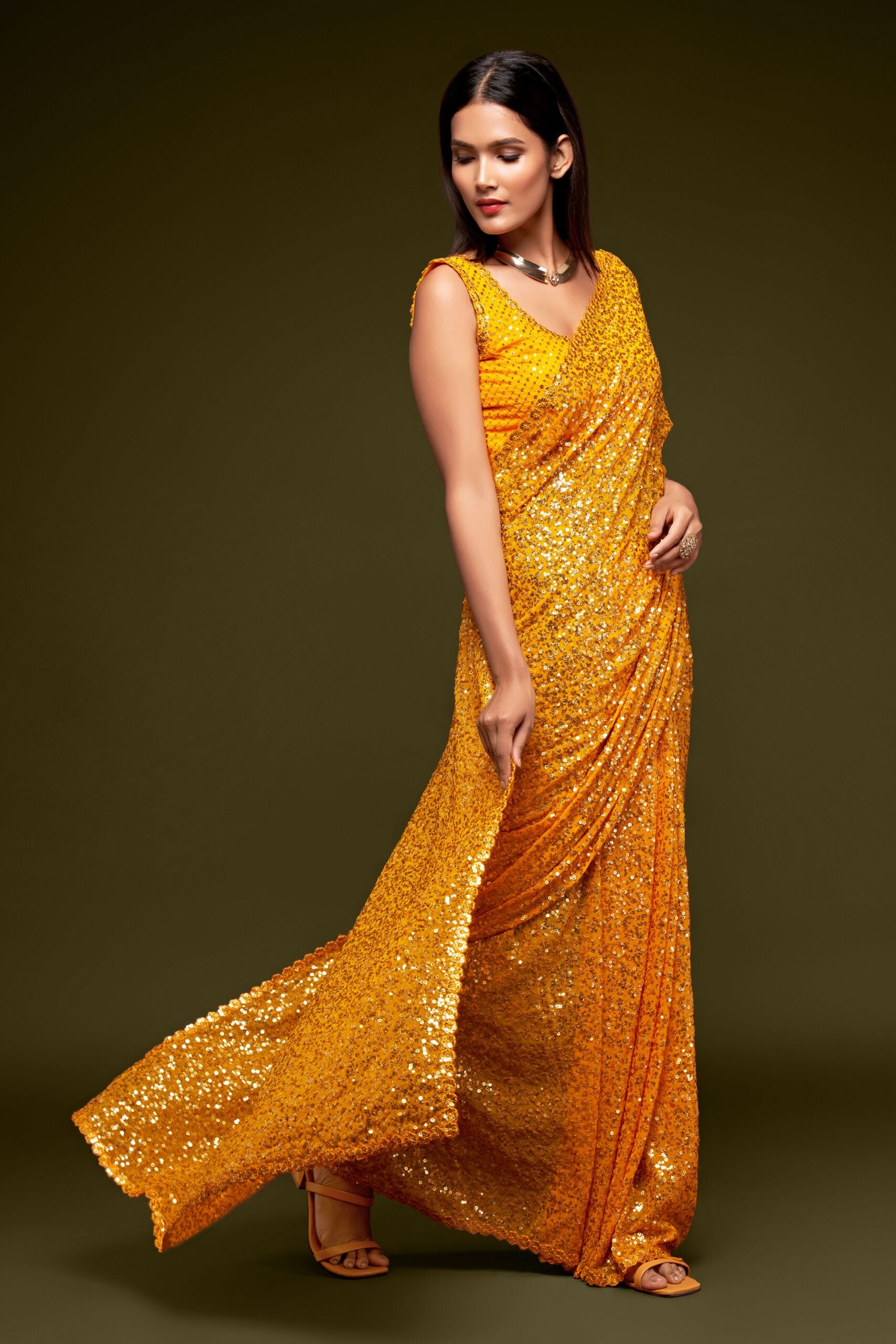 Lemon Zest Sparkle Saree A vibrant yellow thread work sparkling sequins