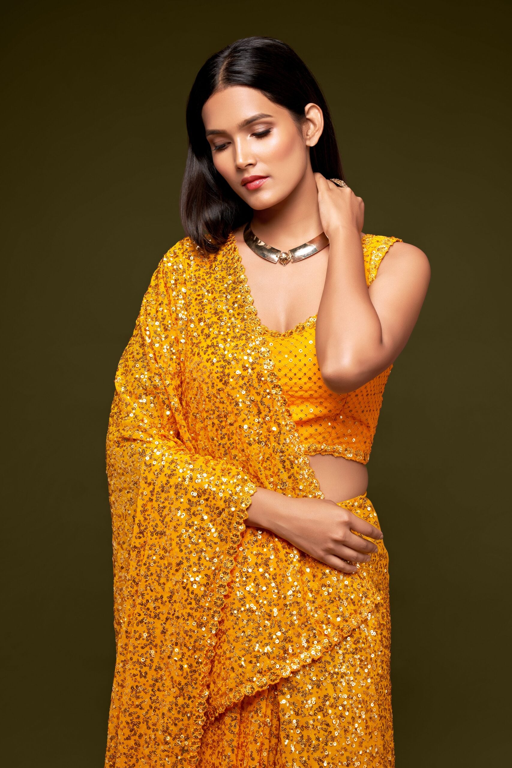 Lemon Zest Sparkle Saree A vibrant yellow thread work sparkling sequins