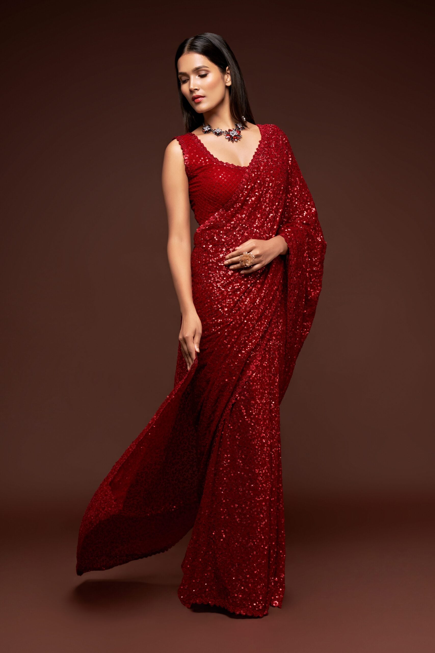 Fiery Red Delight Saree Thread Work And Shimmering Sequins