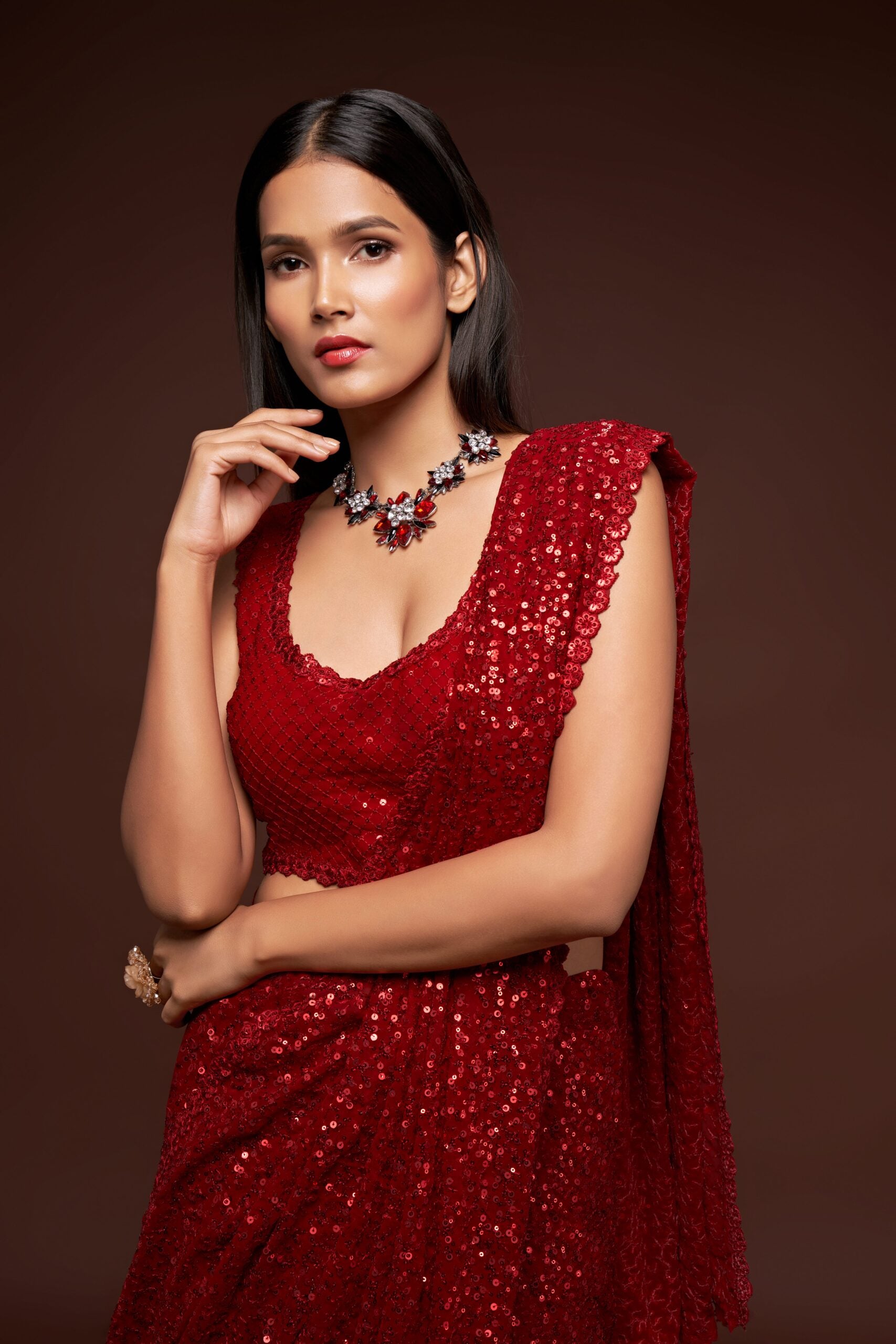 Fiery Red Delight Saree Thread Work And Shimmering Sequins