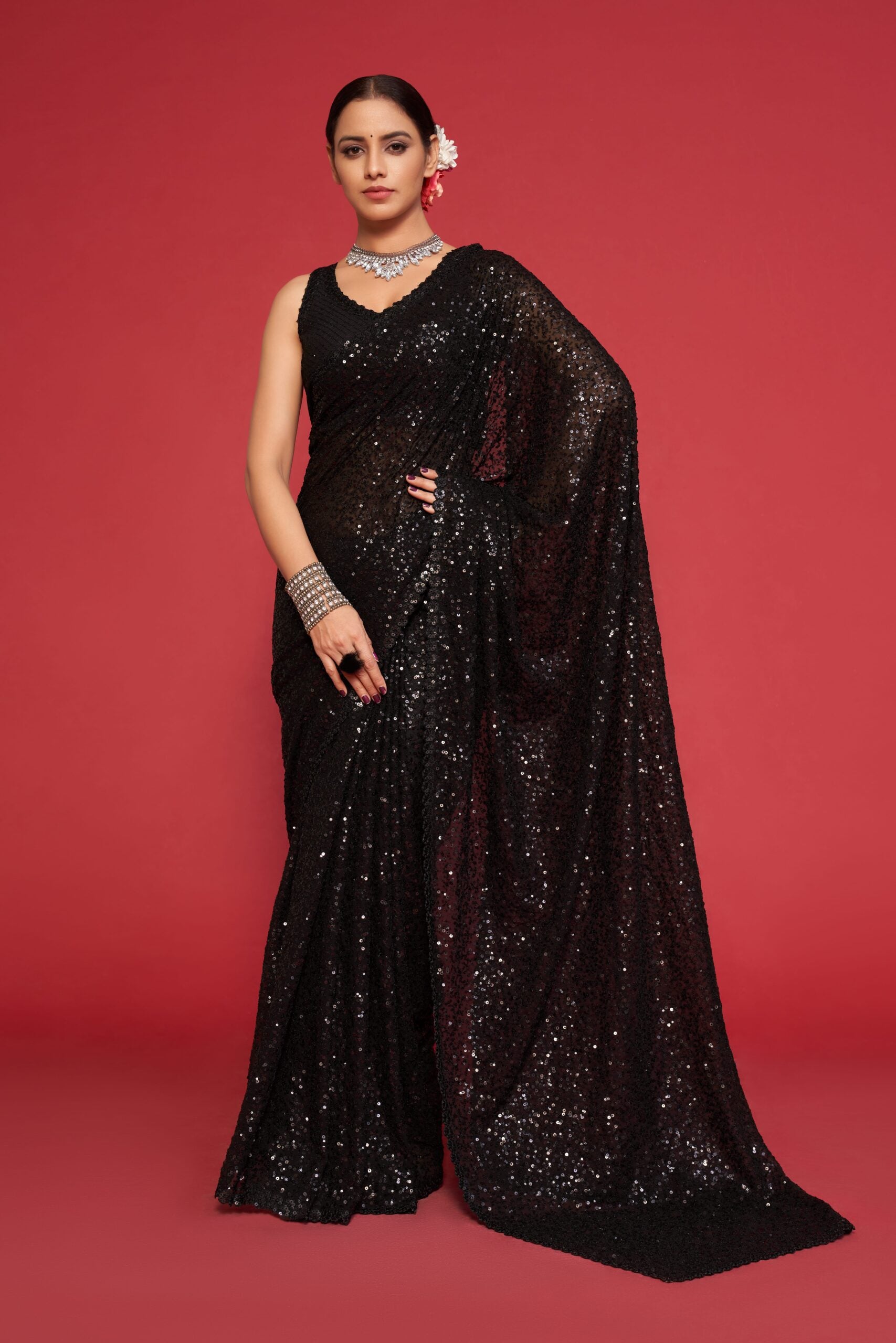 Black Diamond Cascade Sequined Marvel Threadwork  Saree