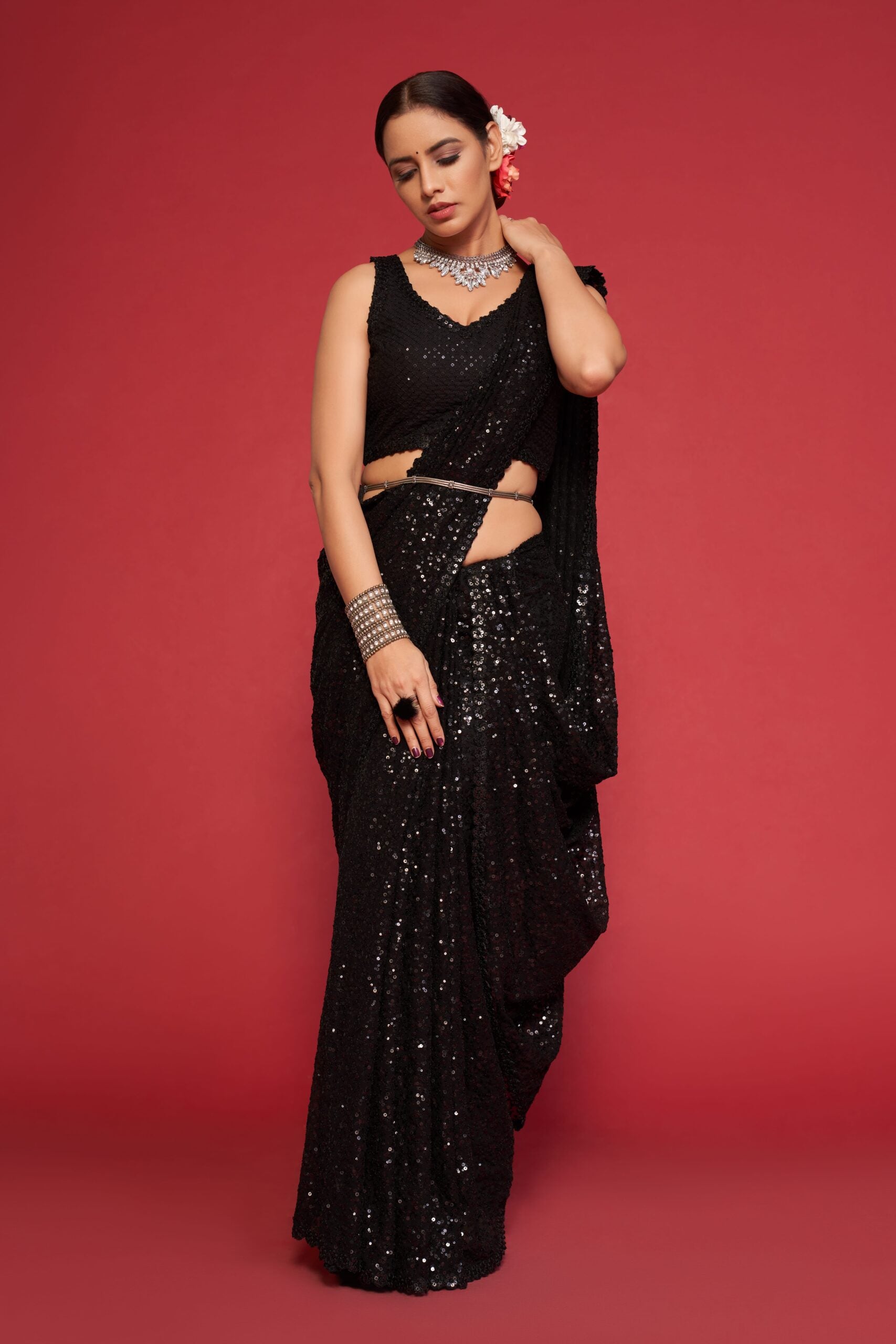 Black Diamond Cascade Sequined Marvel Threadwork  Saree
