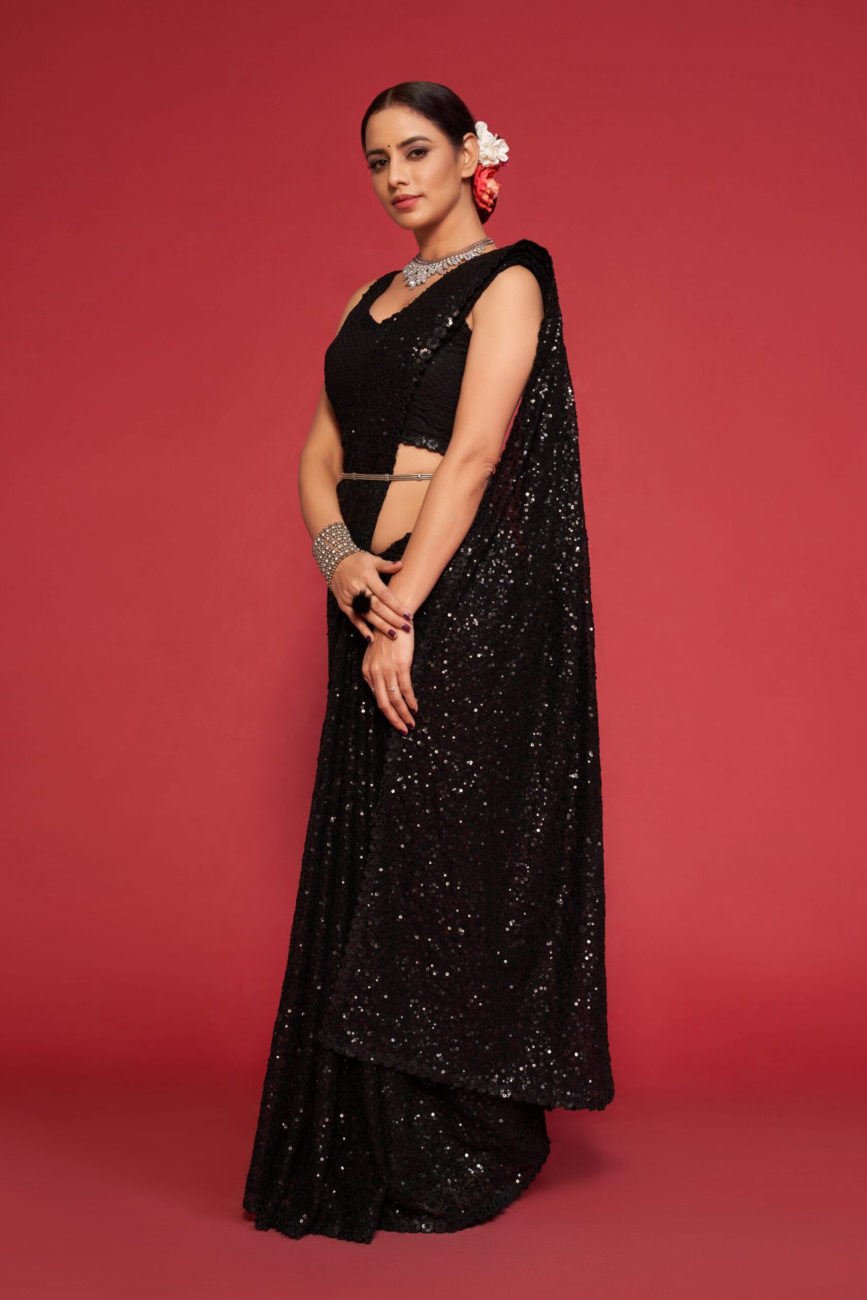 Black Diamond Cascade Sequined Marvel Threadwork  Saree