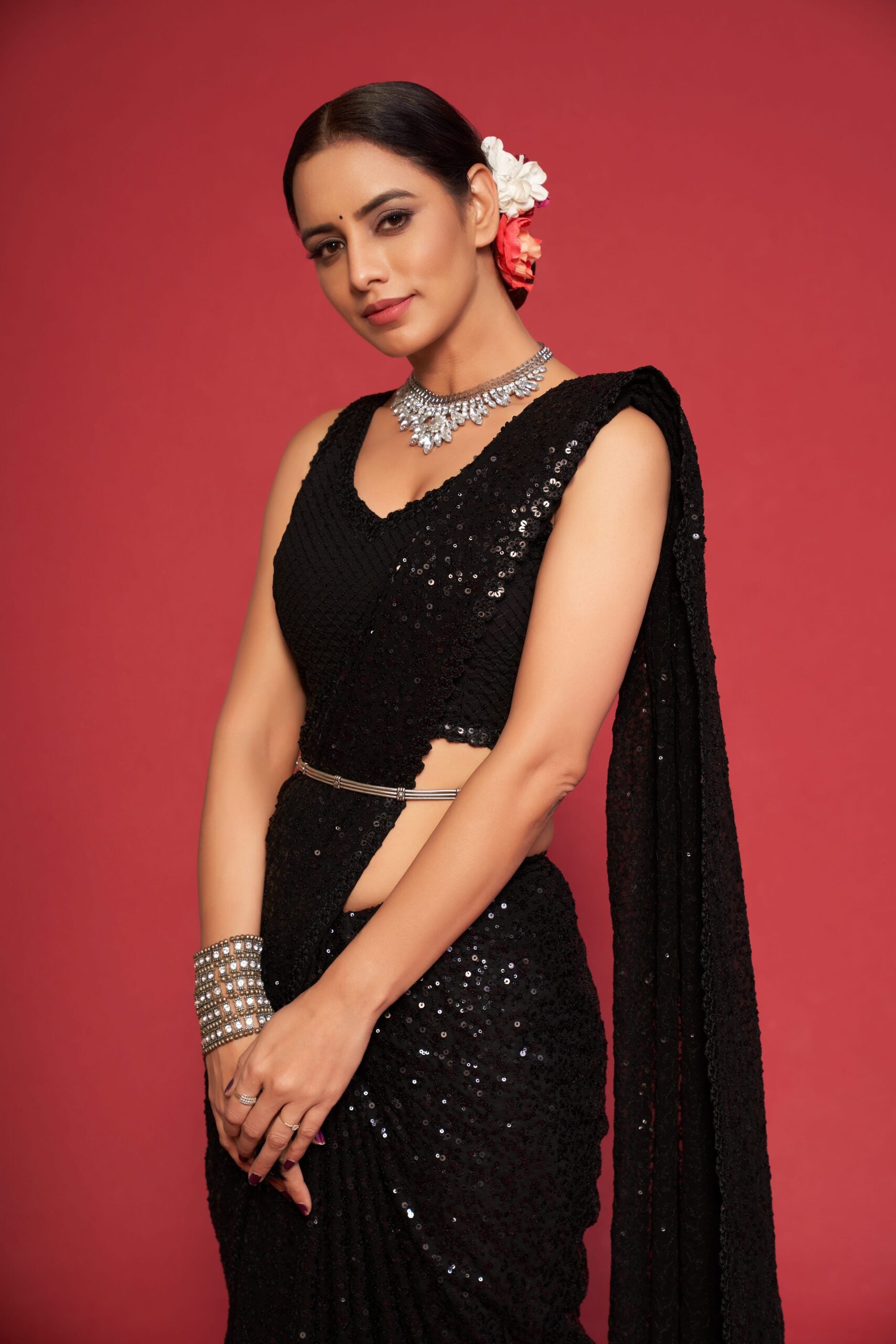 Black Diamond Cascade Sequined Marvel Threadwork  Saree