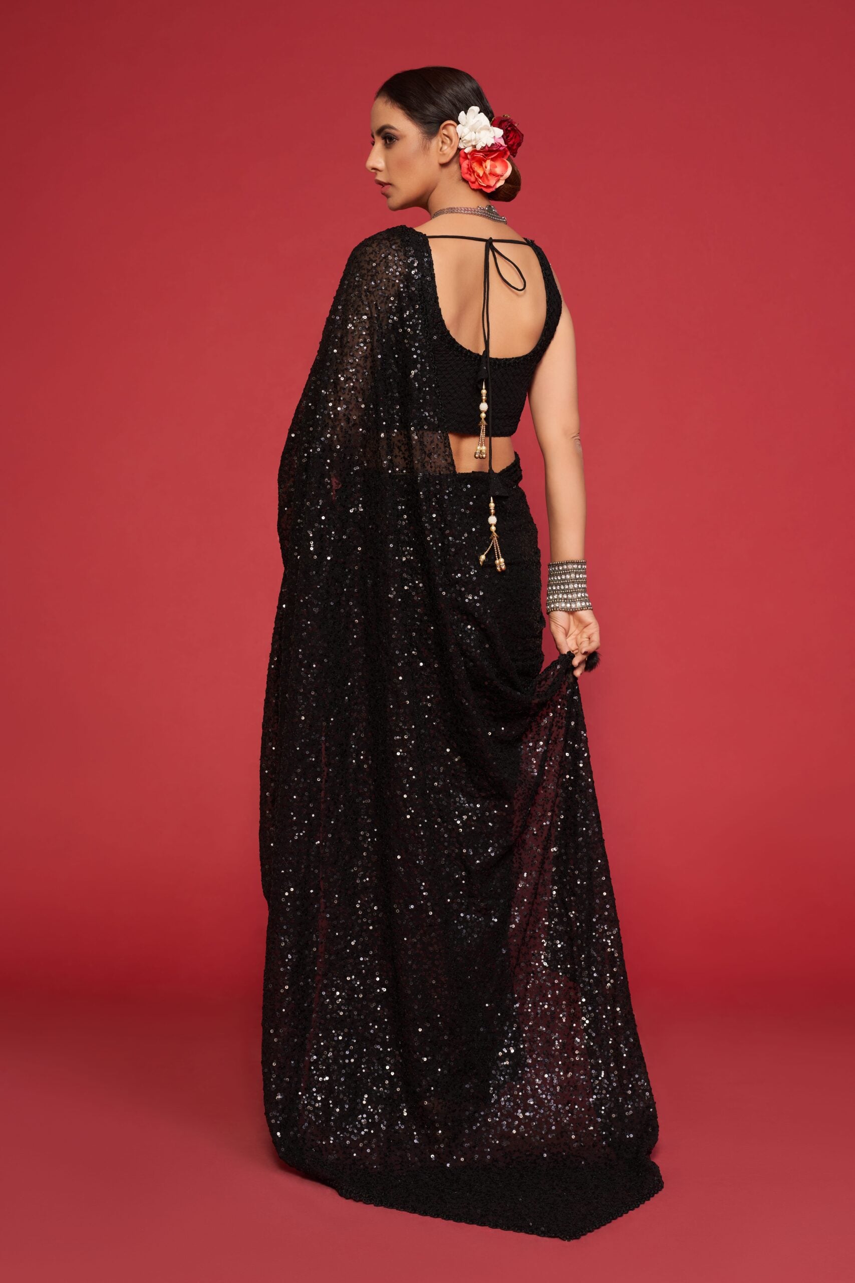 Black Diamond Cascade Sequined Marvel Threadwork  Saree