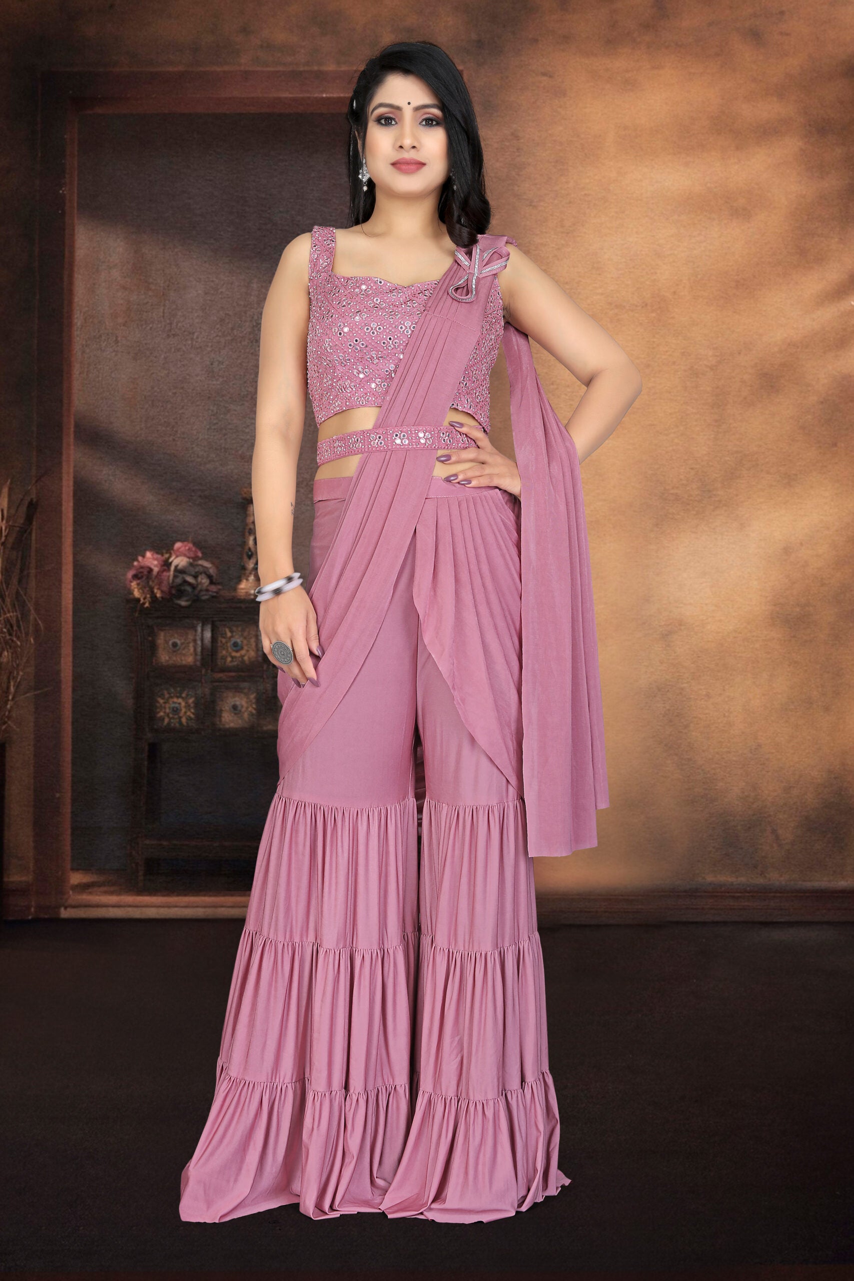 Glowing Peach Panache Imported Fabric Ready-to-Wear Saree