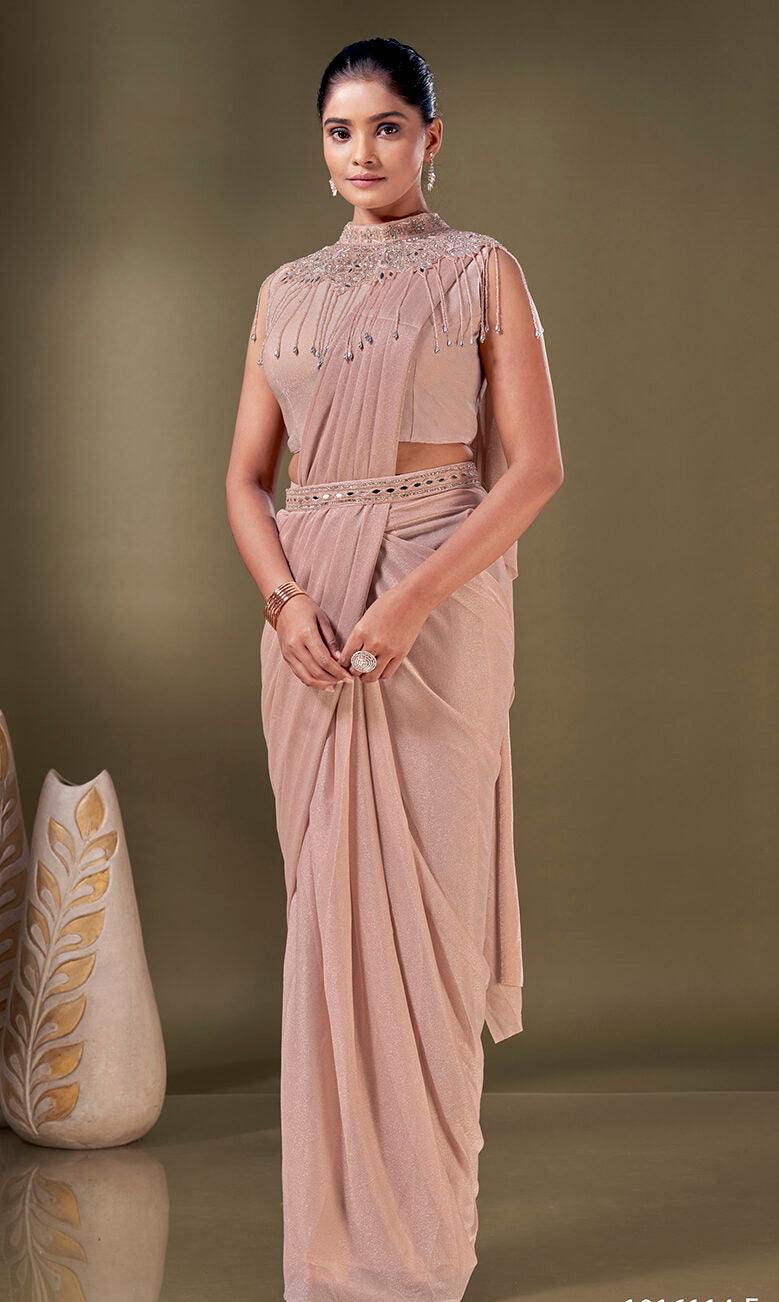 Gilded Coral Shimmer Hand-Embellished Saree