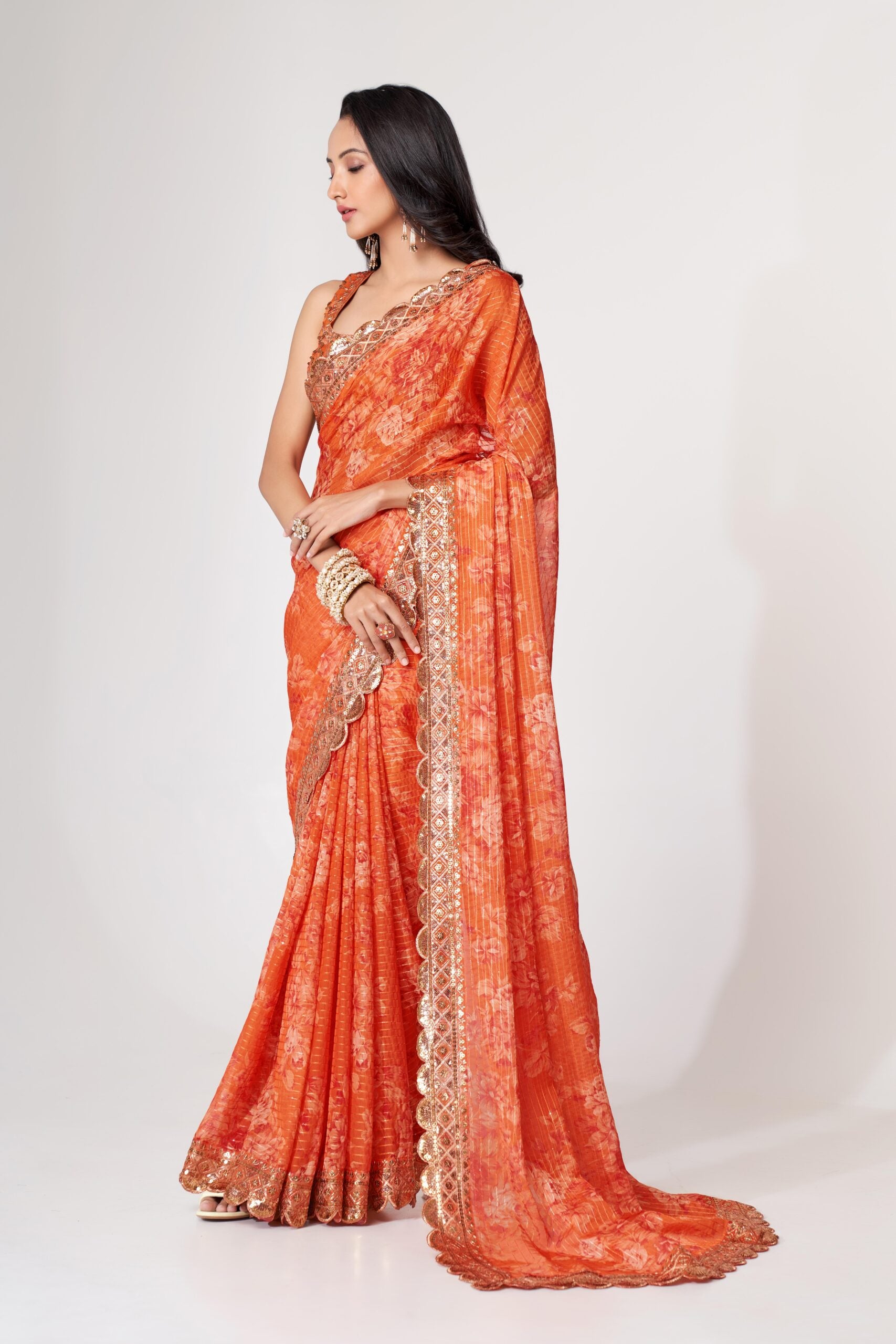 Saffron Sunburst Digital Delight Oreganza Saree
