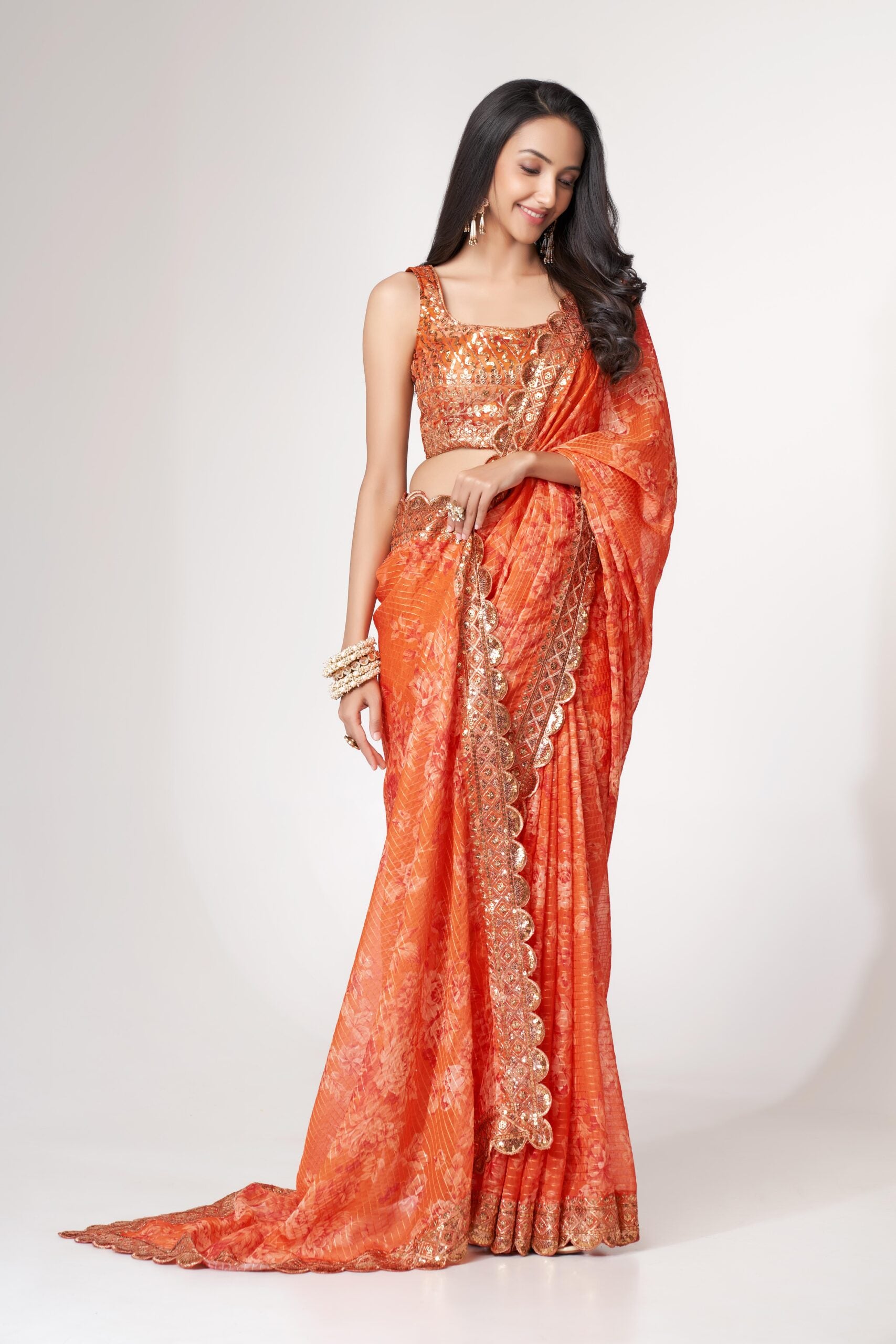Saffron Sunburst Digital Delight Oreganza Saree
