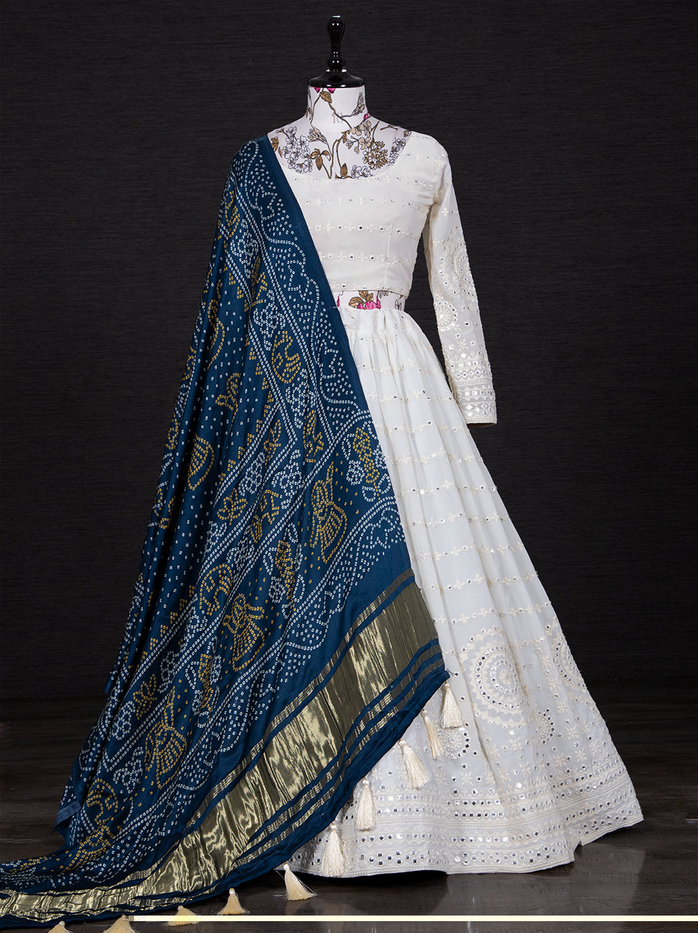 Chandan Chandrika White Lukhnowi Thread and Paper Mirror Work Lehenga Choli Set with Gajji Silk Dupatta