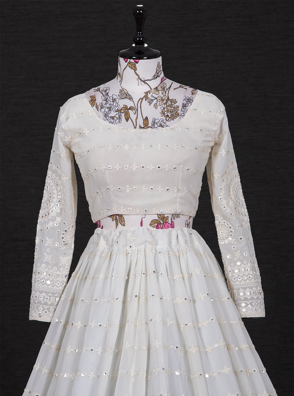 Chandan Chandrika White Lukhnowi Thread and Paper Mirror Work Lehenga Choli Set with Gajji Silk Dupatta