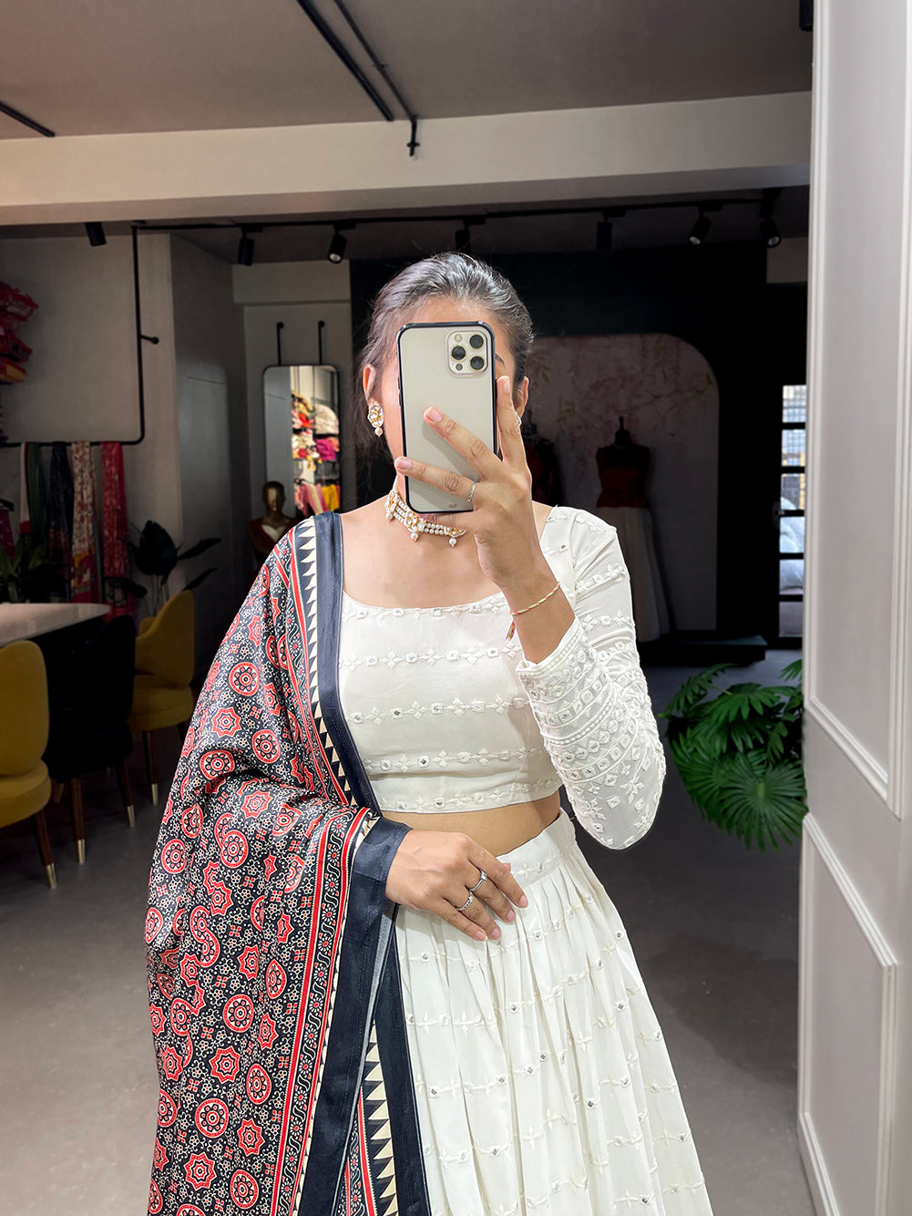 Neelkamal White Lehenga Choli with Navy Blue Gajji Silk Dupatta and Exquisite Paper Mirror Work