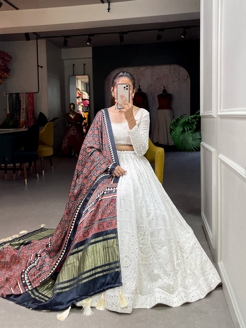 Neelkamal White Lehenga Choli with Navy Blue Gajji Silk Dupatta and Exquisite Paper Mirror Work