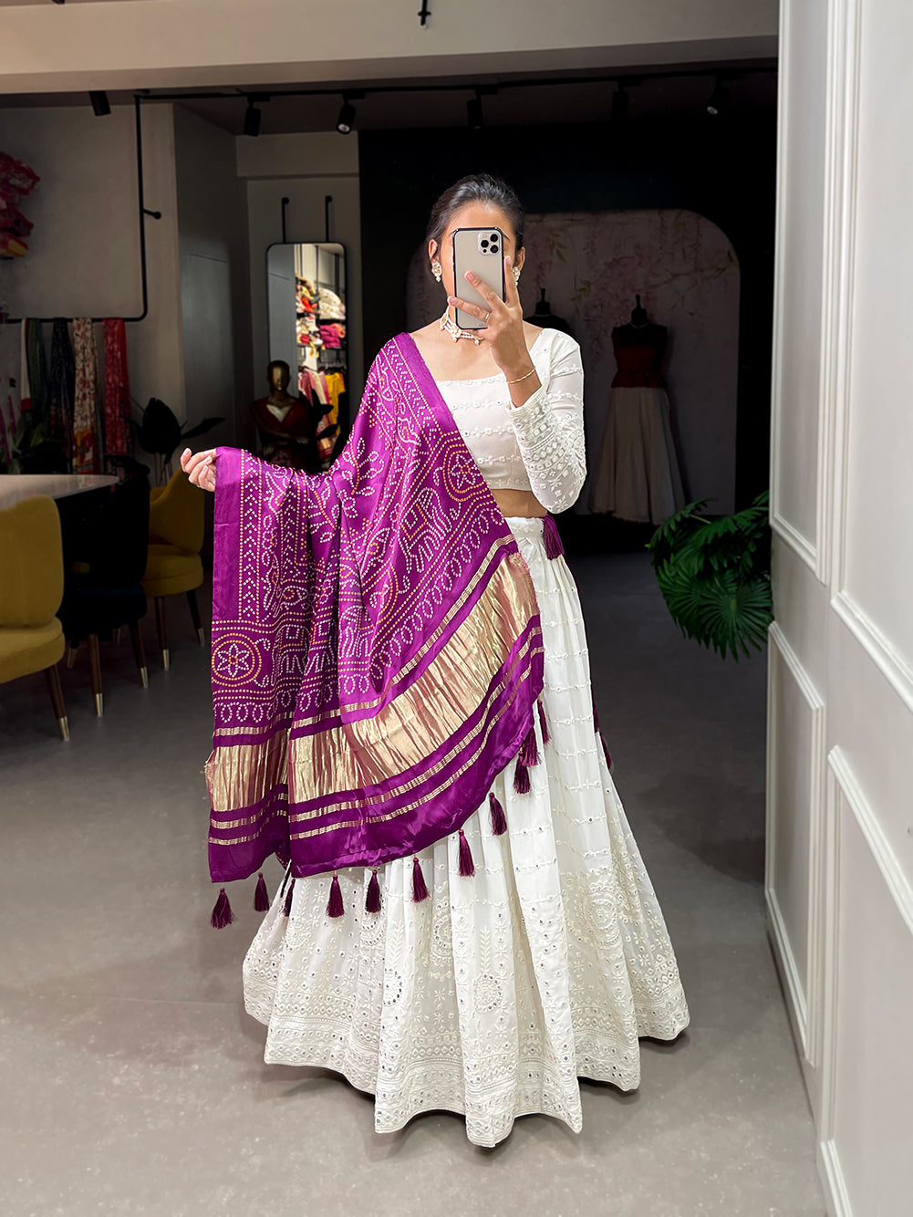 Amethyst Aura White Lukhnowi Thread and Paper Mirror Work Lehenga Choli with a Stunning Purple Gajji Silk Dupatta