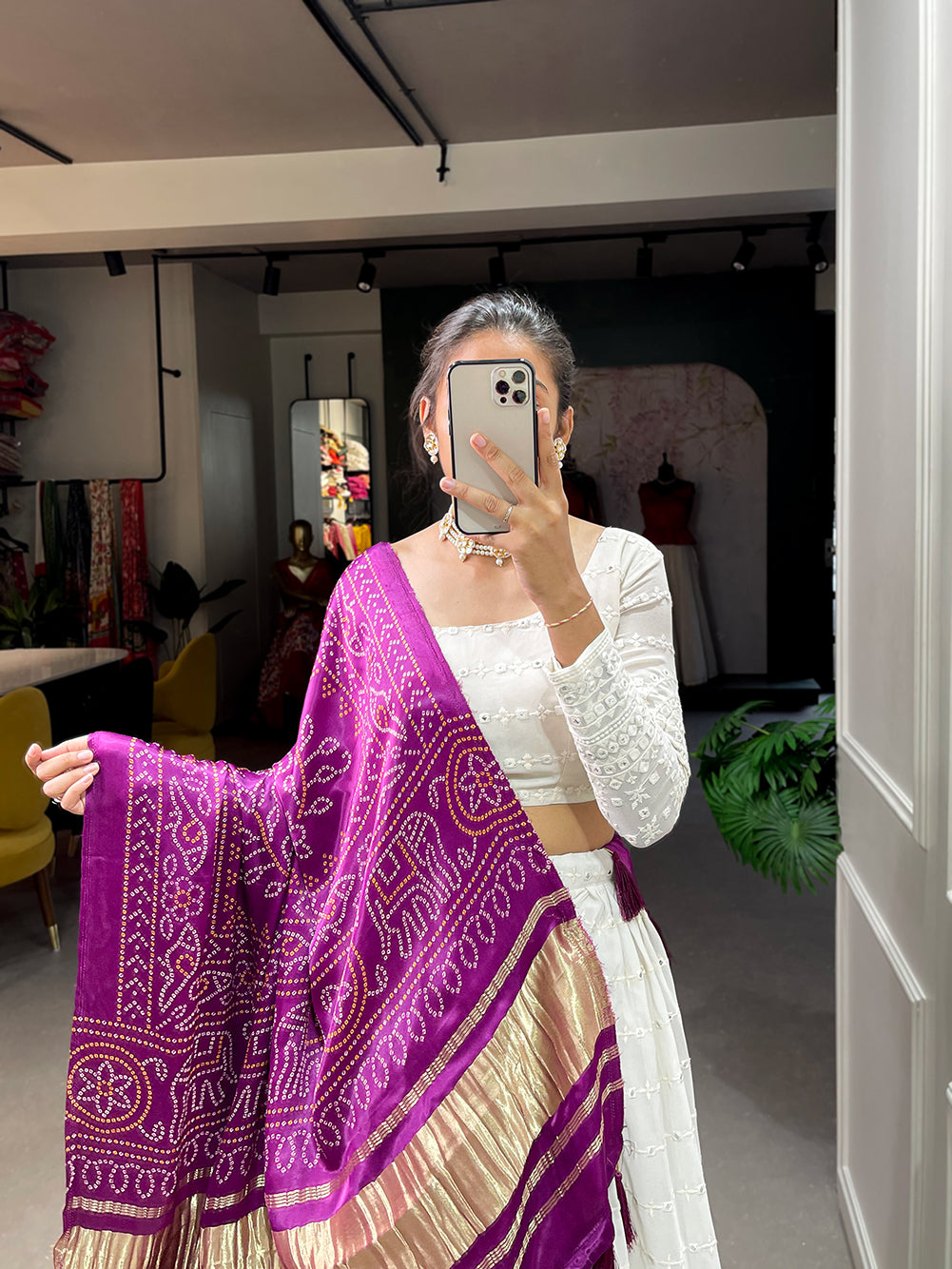 Amethyst Aura White Lukhnowi Thread and Paper Mirror Work Lehenga Choli with a Stunning Purple Gajji Silk Dupatta