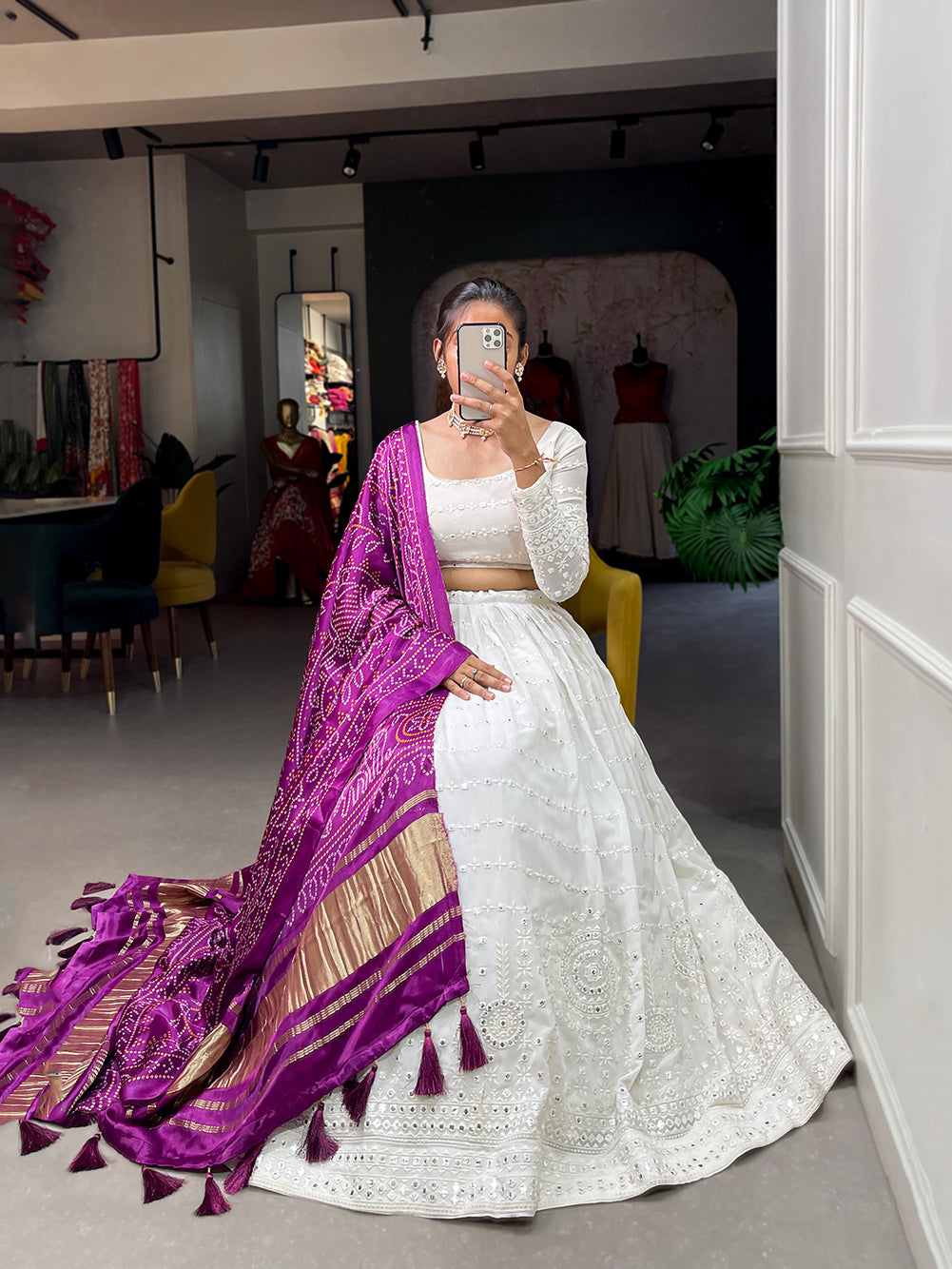 Amethyst Aura White Lukhnowi Thread and Paper Mirror Work Lehenga Choli with a Stunning Purple Gajji Silk Dupatta