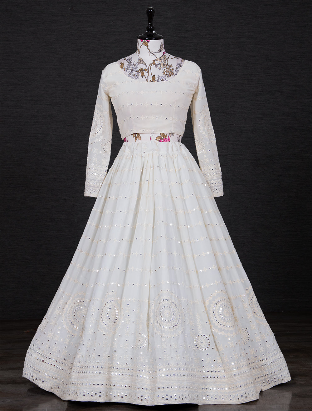 Chandan Chandrika White Lukhnowi Thread and Paper Mirror Work Lehenga Choli Set with Gajji Silk Dupatta