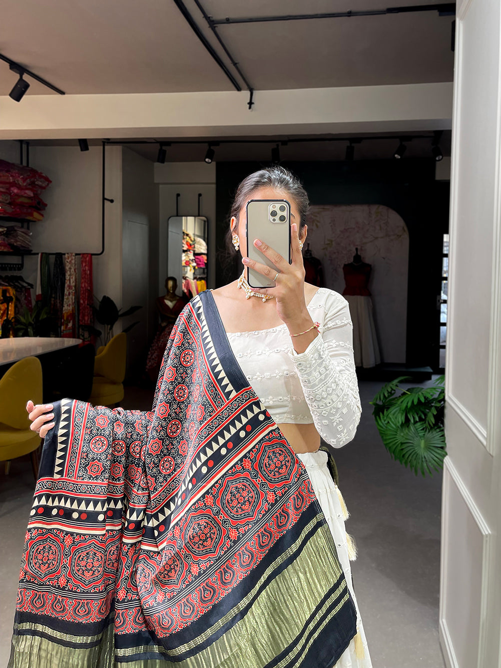 Neelkamal White Lehenga Choli with Navy Blue Gajji Silk Dupatta and Exquisite Paper Mirror Work