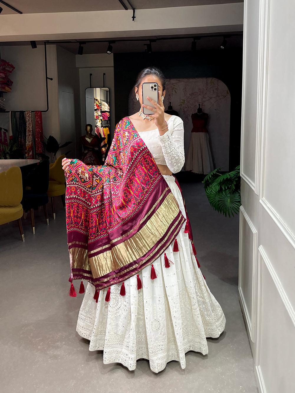 Shubha Saundarya White Lehenga Choli with Delicate Lukhnowi Thread and Paper Mirror Work, Embellished with a Luxurious Marron Gajji Silk Dupatta