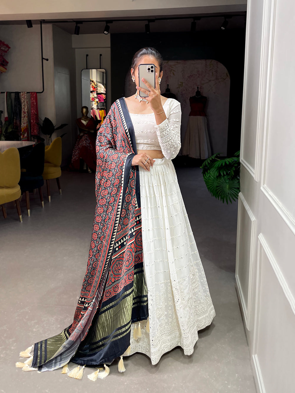 Neelkamal White Lehenga Choli with Navy Blue Gajji Silk Dupatta and Exquisite Paper Mirror Work