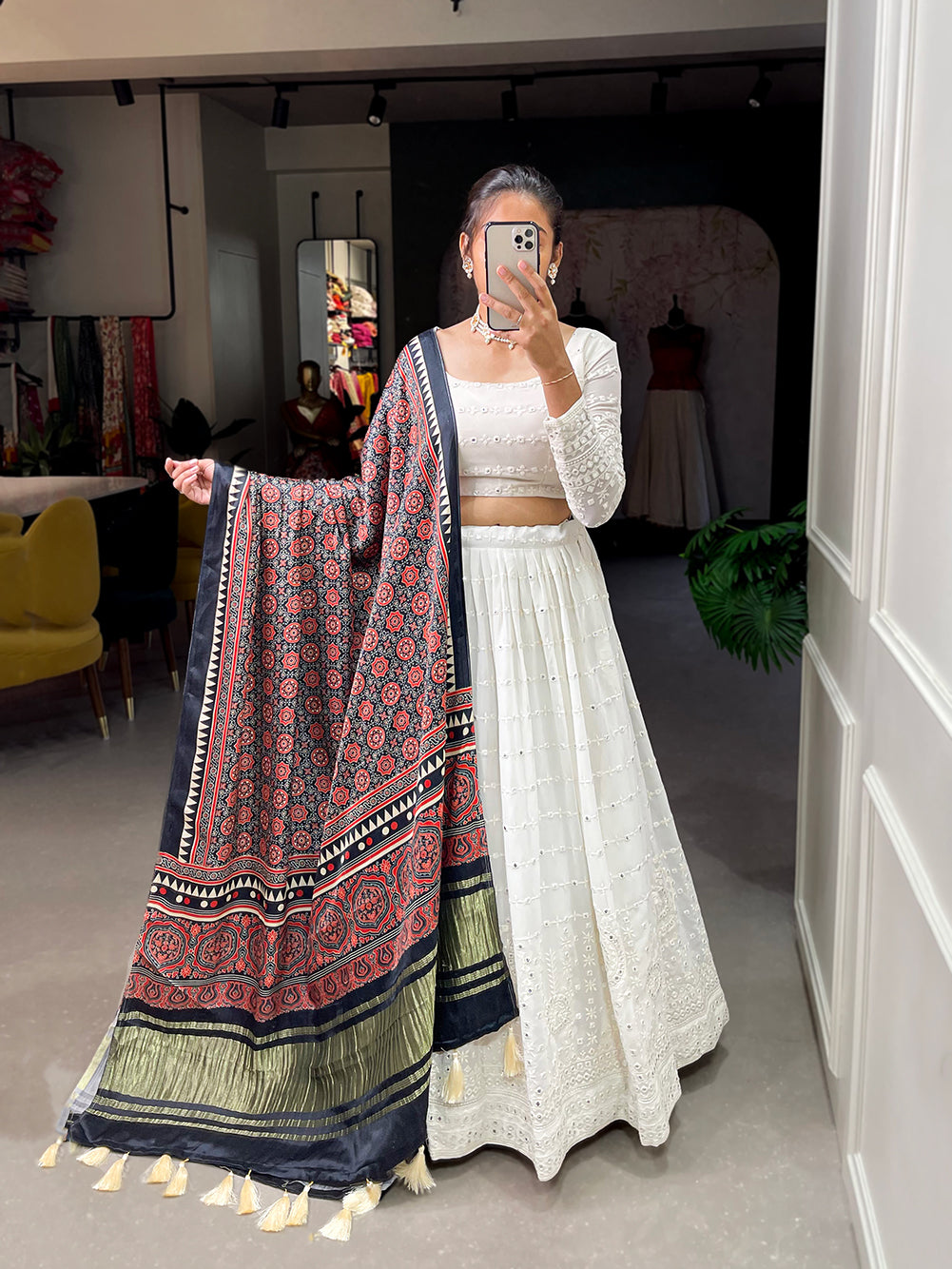 Neelkamal White Lehenga Choli with Navy Blue Gajji Silk Dupatta and Exquisite Paper Mirror Work