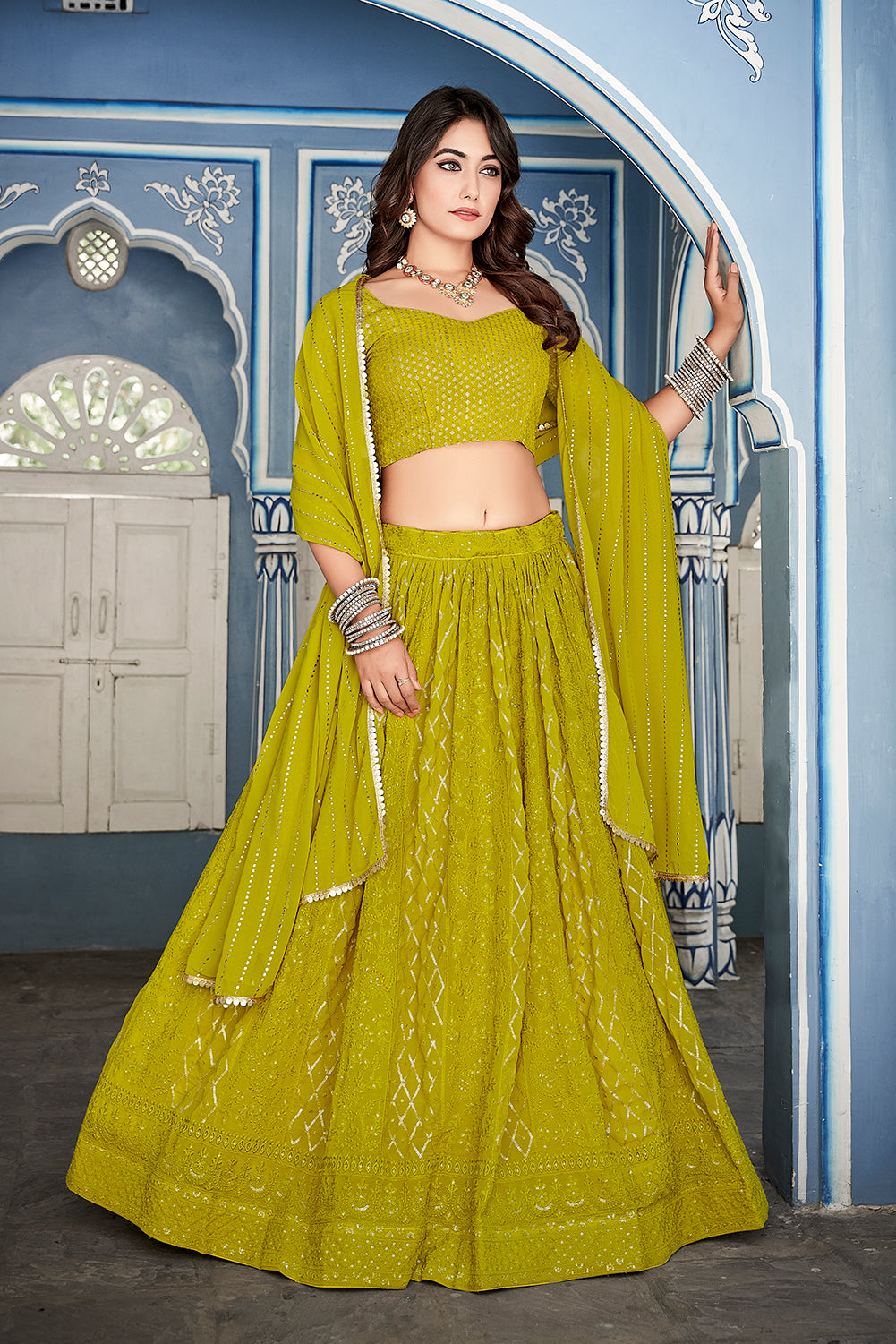 Mehndi Magic: Luxurious Threadwork and Sequin Lehenga Choli