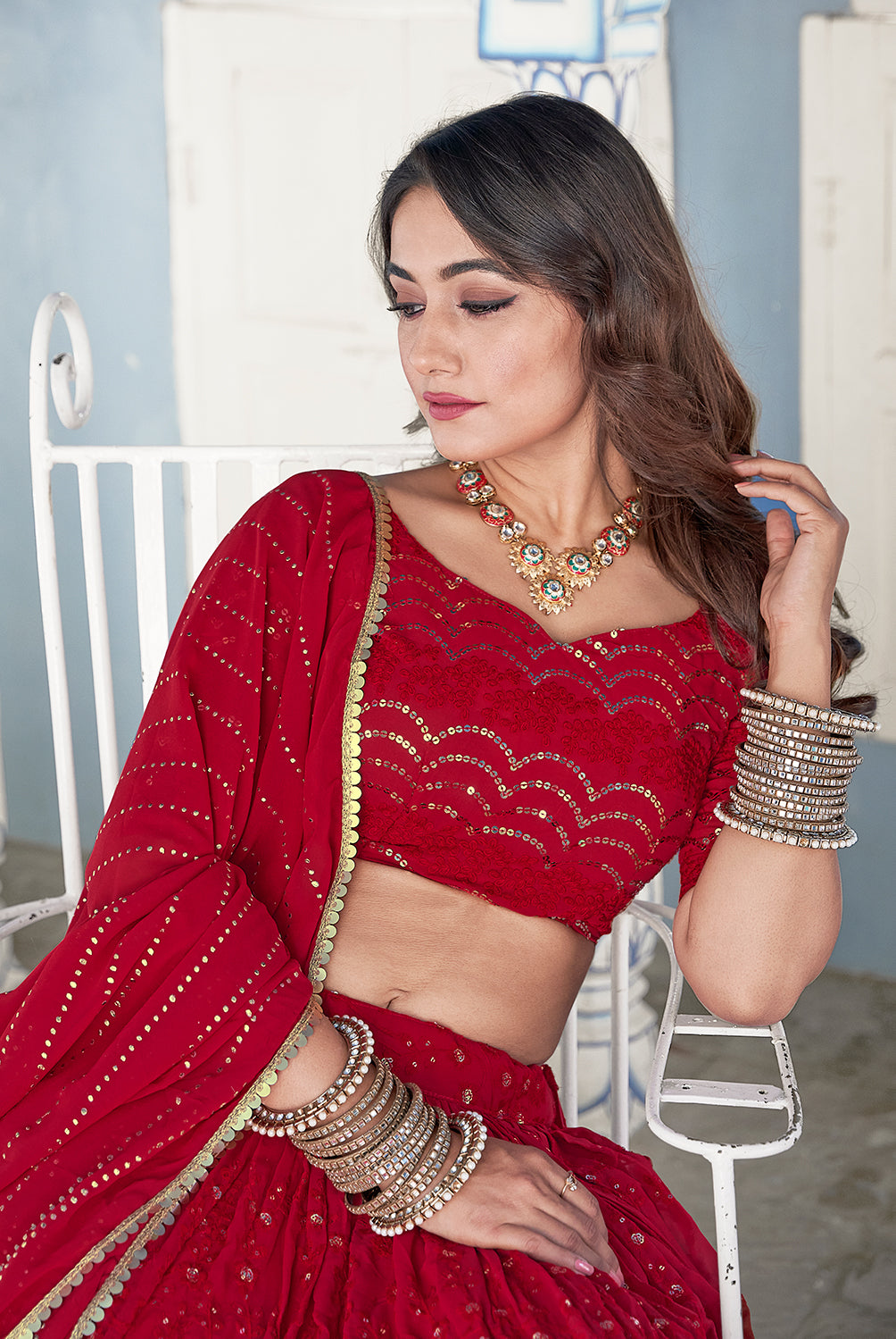 Ruby Rhapsody Regal Red Lukhnowi Thread and Sequin Lehenga Choli