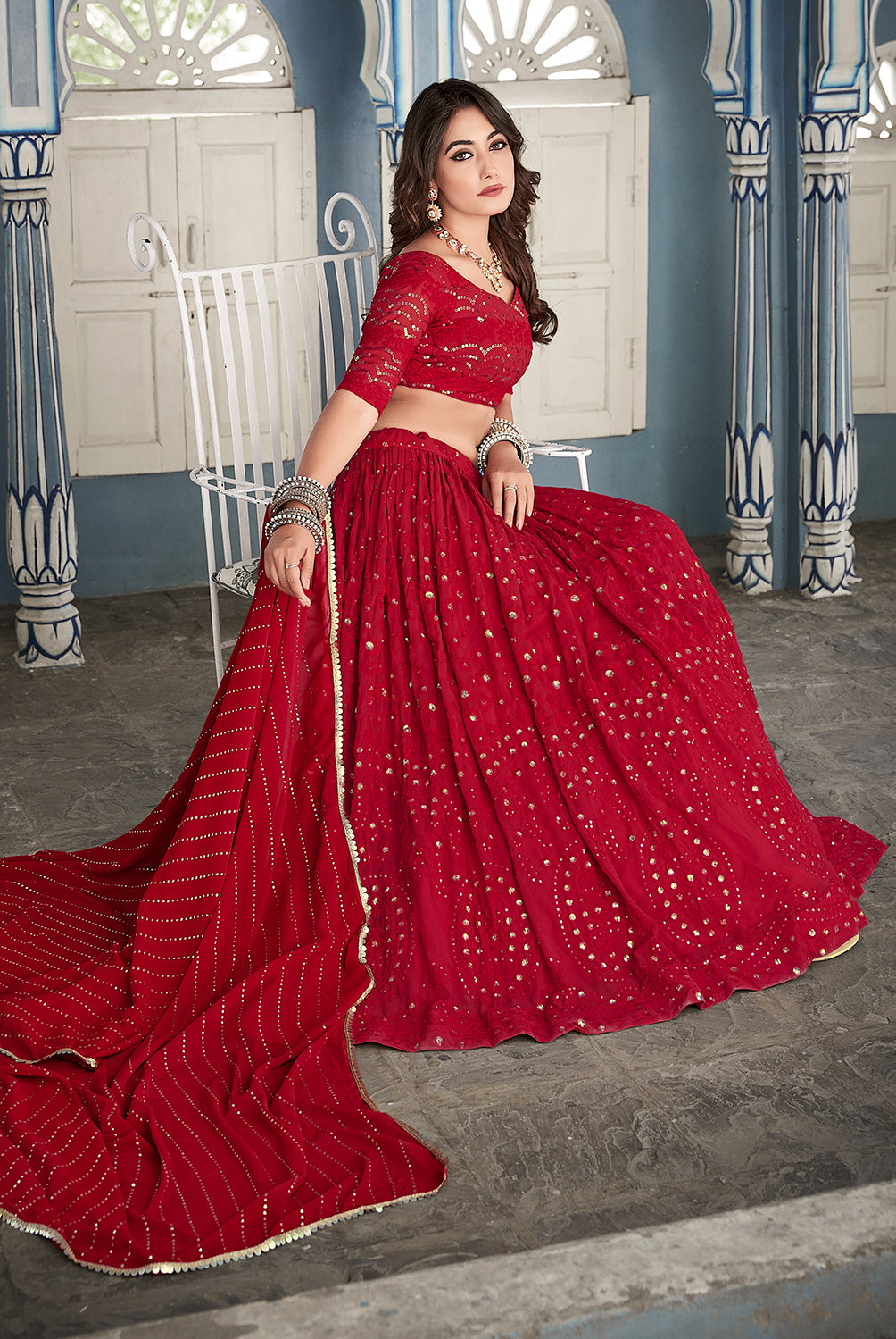 Ruby Rhapsody Regal Red Lukhnowi Thread and Sequin Lehenga Choli
