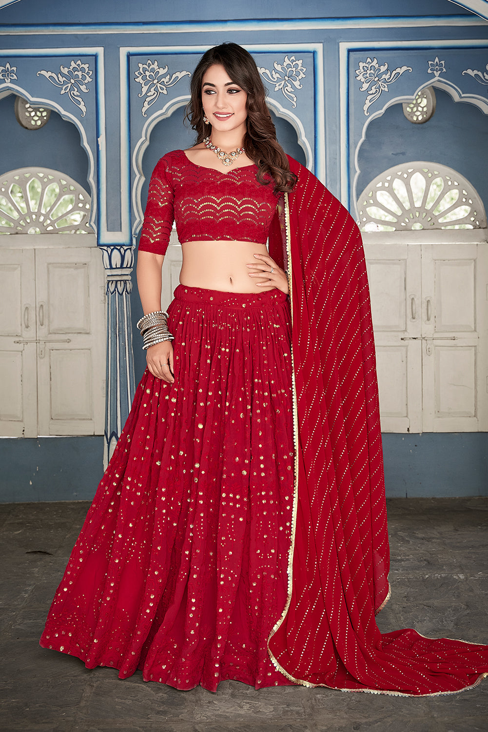 Ruby Rhapsody Regal Red Lukhnowi Thread and Sequin Lehenga Choli