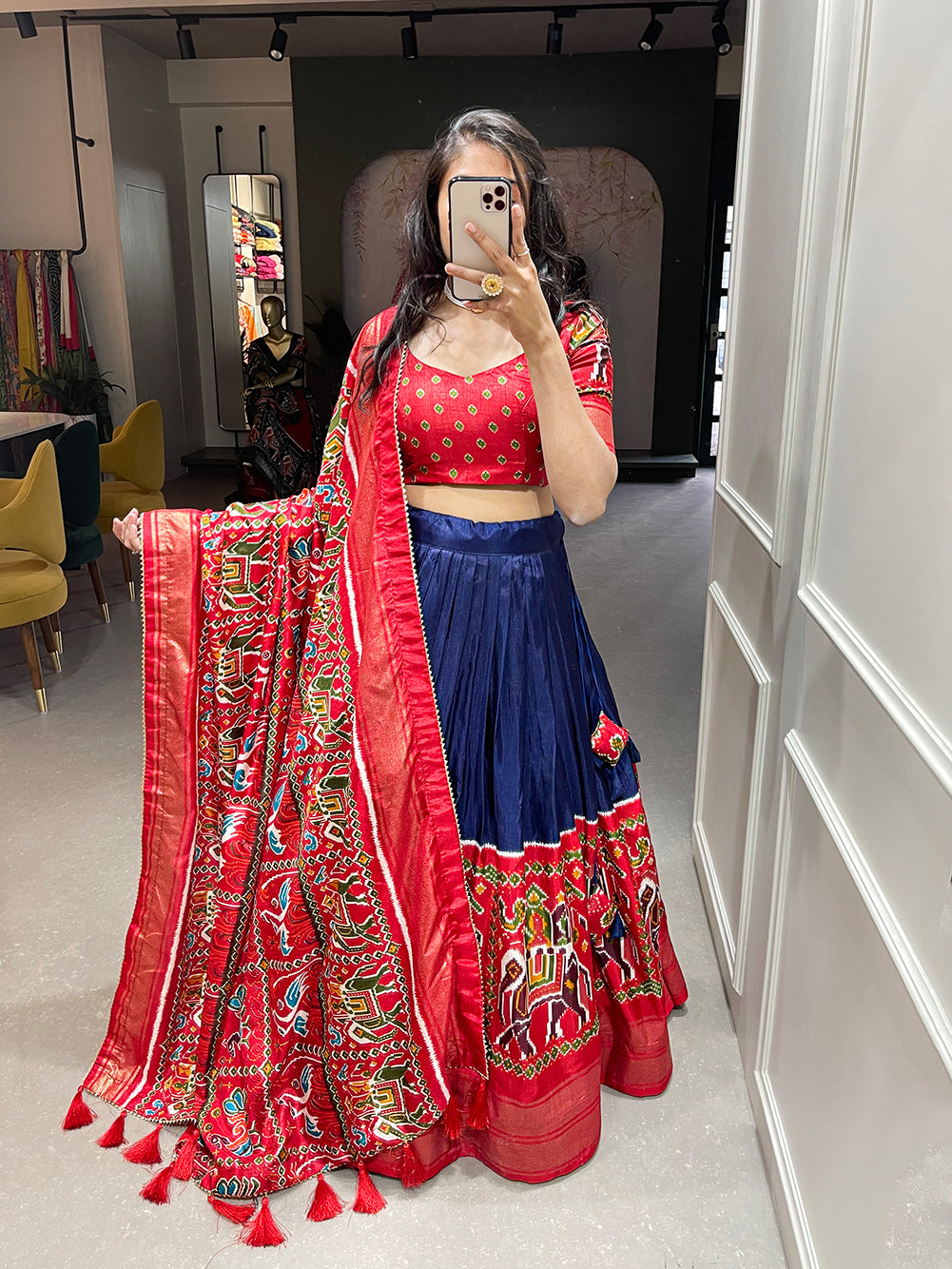 Nilaabha Navy Charisma Dola Silk Patola Print Lehenga Choli in Captivating Navy Blue