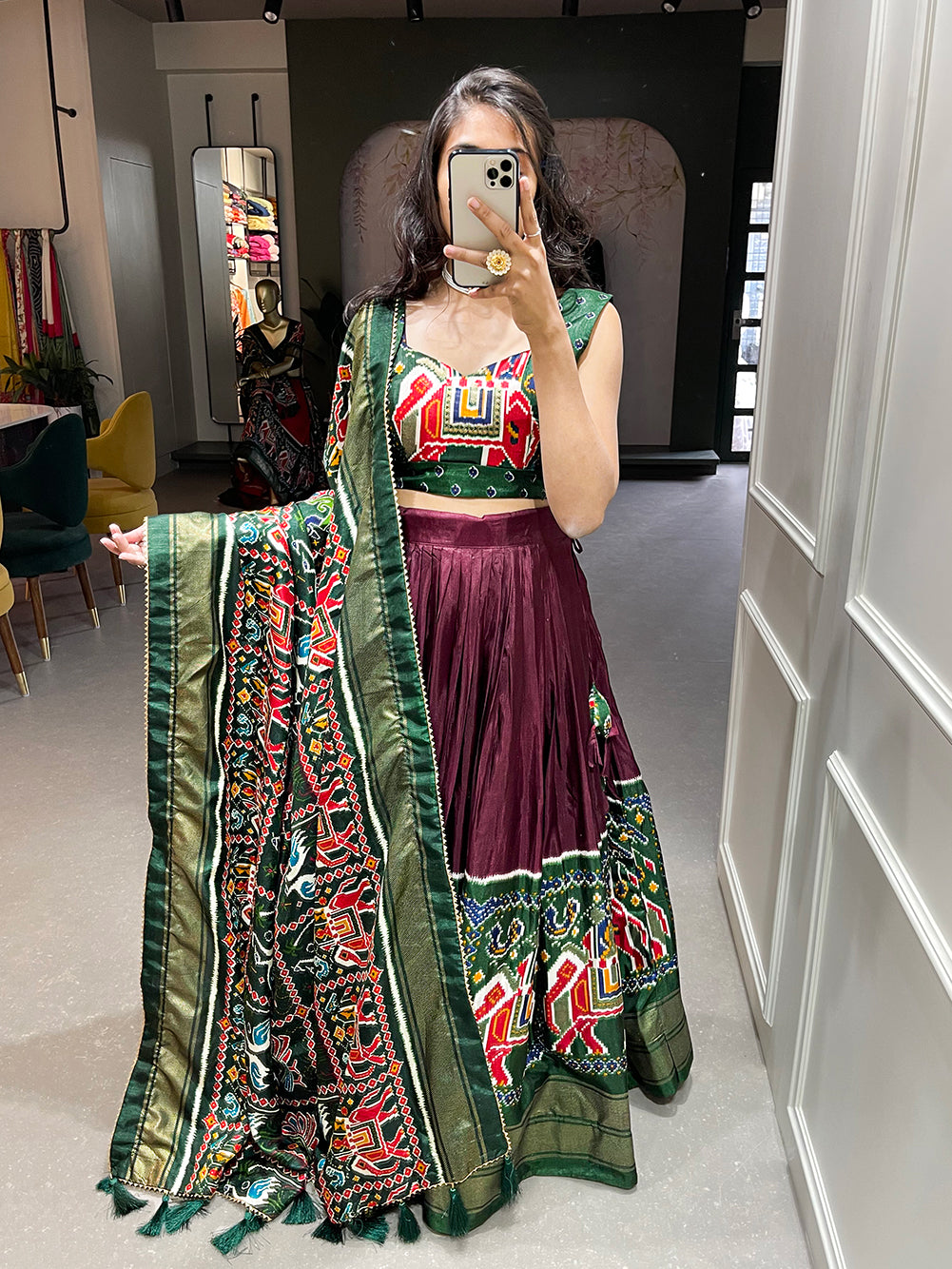 Prakriti Varsha Rustic Brown Patola Splendor Dola Silk Patola Print Lehenga Choli