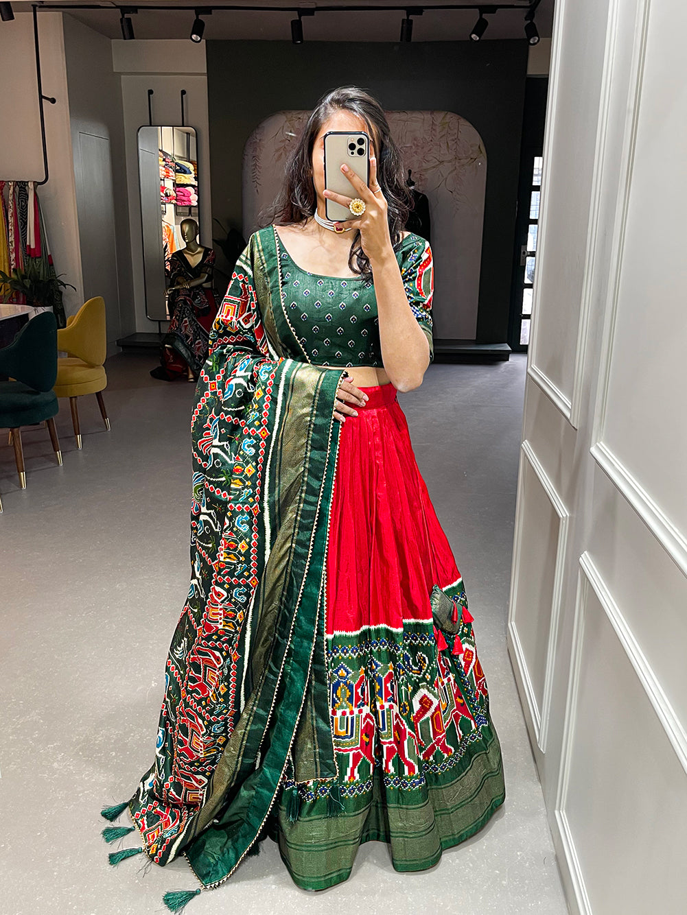 Shringar Shobha Stunning Red Patola Print Ensemble in Dola Silk