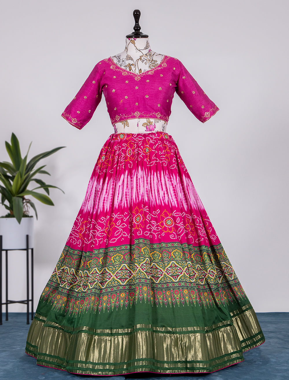 Madhur Milan Sweet Pink Harmony Pure Gajji Silk Bandhej Print Handwork Lehenga Choli