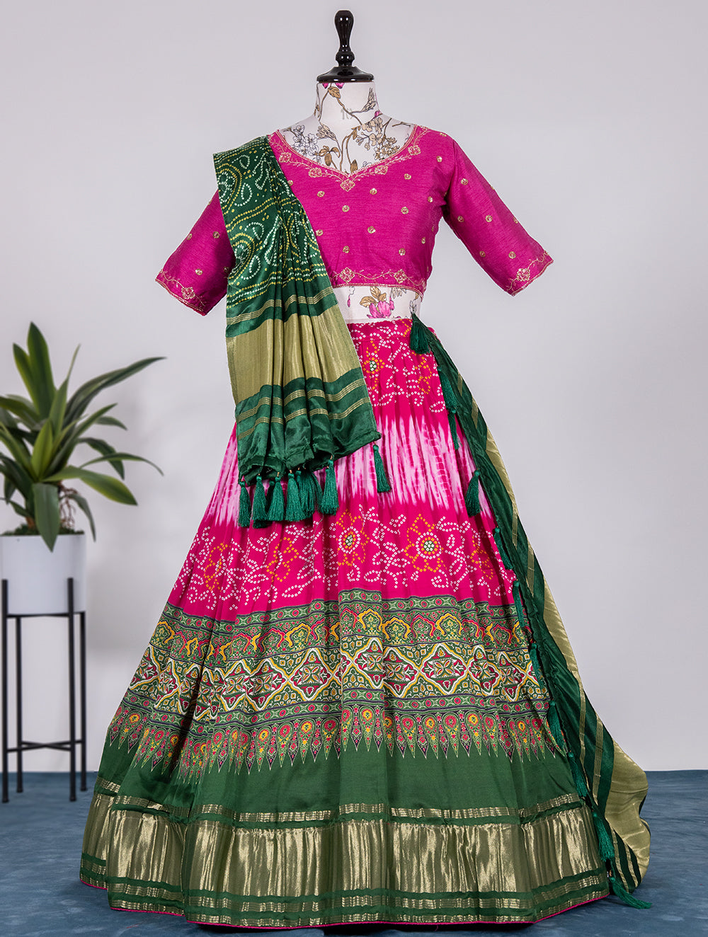 Madhur Milan Sweet Pink Harmony Pure Gajji Silk Bandhej Print Handwork Lehenga Choli