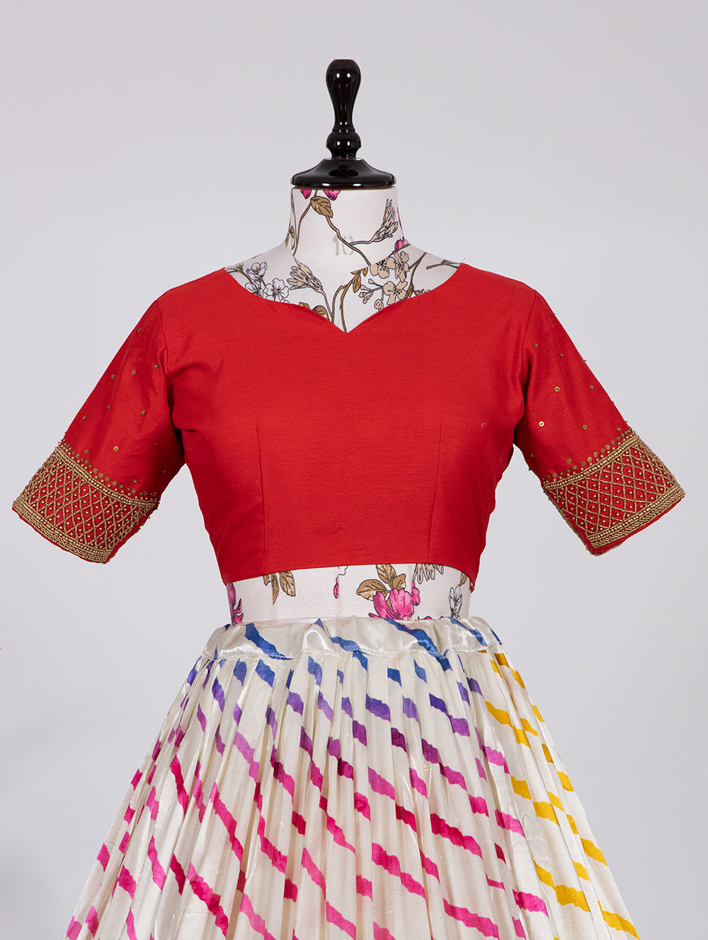 Shwet Aakash Pure Gajji Silk White Bandhej Print Handwork Lehenga Choli