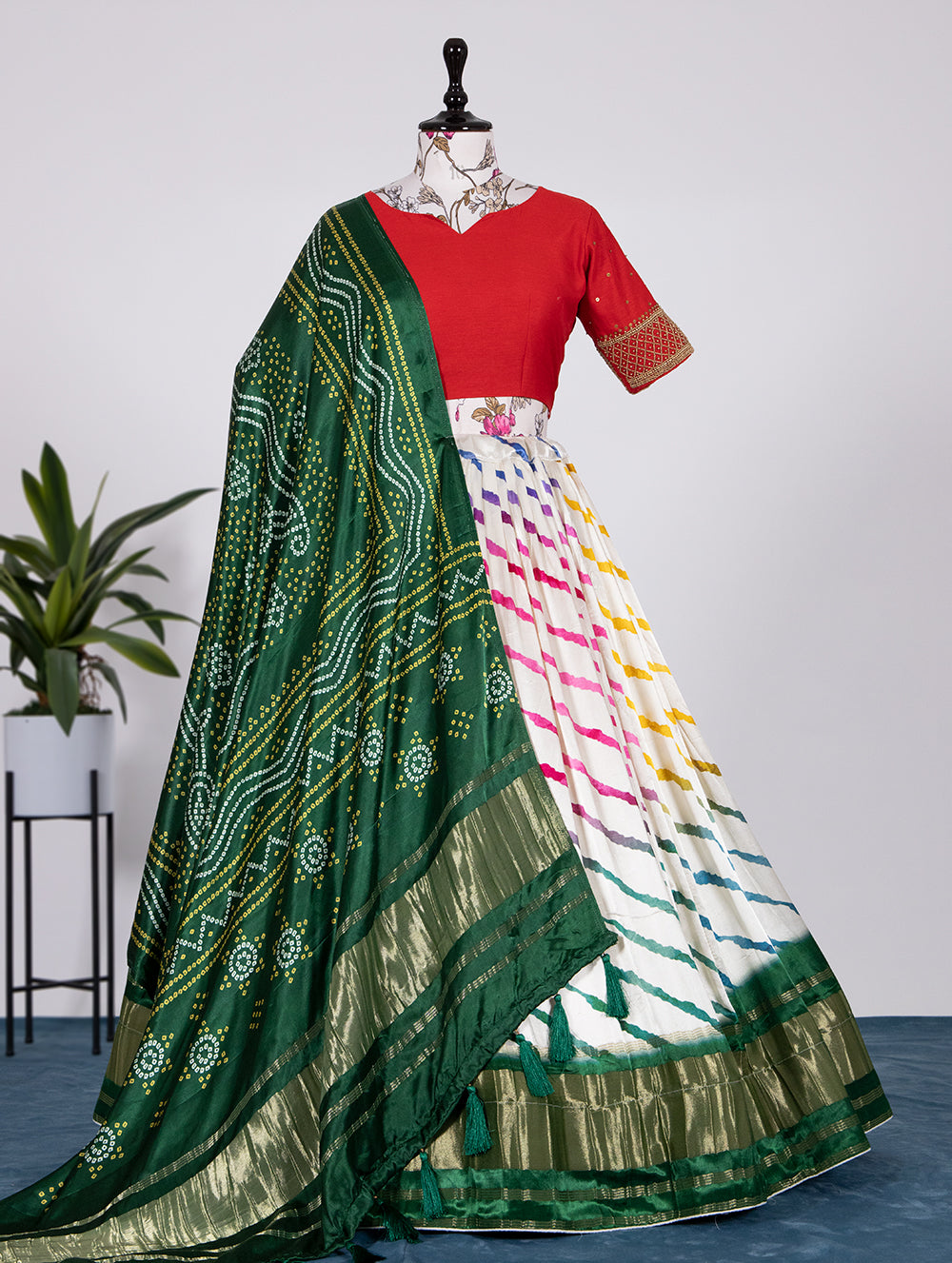 Shwet Aakash Pure Gajji Silk White Bandhej Print Handwork Lehenga Choli