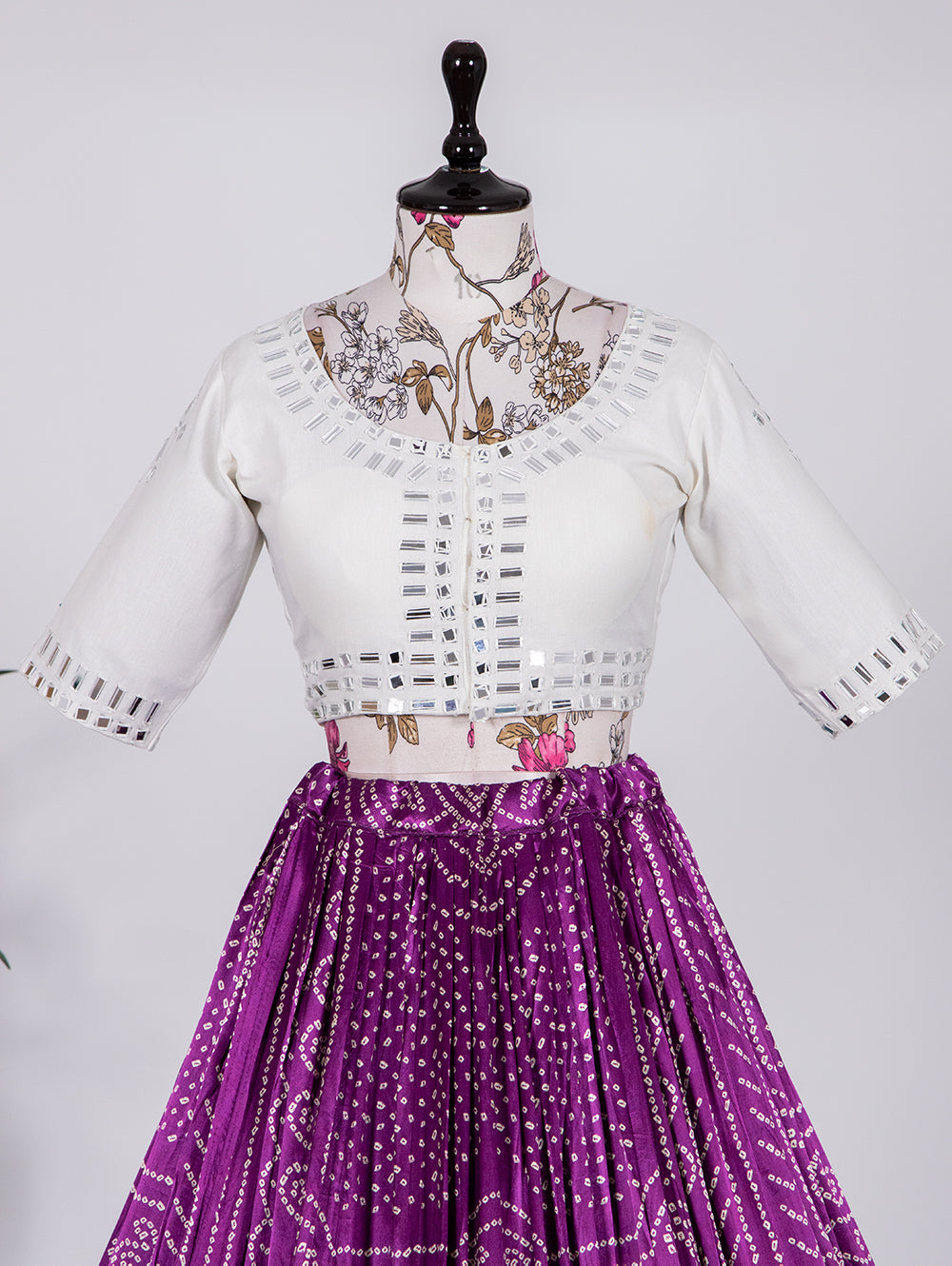 Amrutvarsha Wine Symphony Pure Gajji Silk Bandhej Print Handwork Lehenga Choli