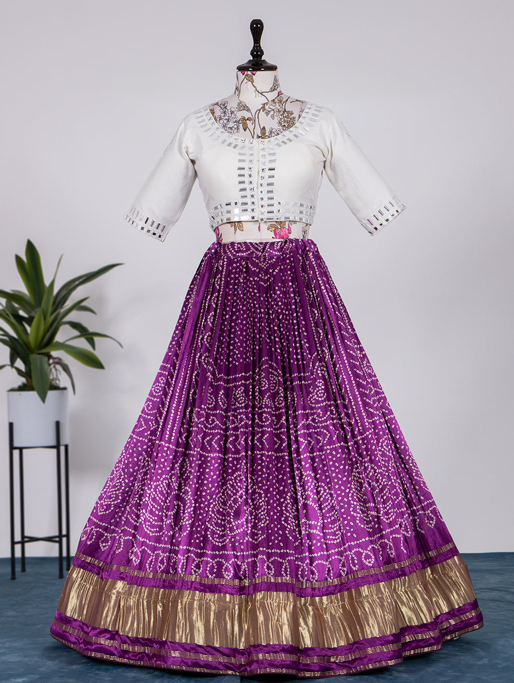 Amrutvarsha Wine Symphony Pure Gajji Silk Bandhej Print Handwork Lehenga Choli
