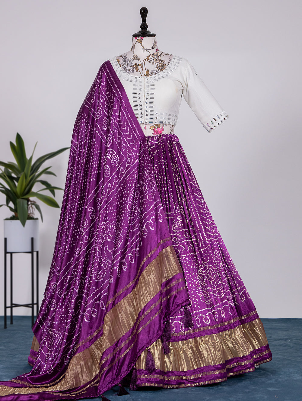 Amrutvarsha Wine Symphony Pure Gajji Silk Bandhej Print Handwork Lehenga Choli