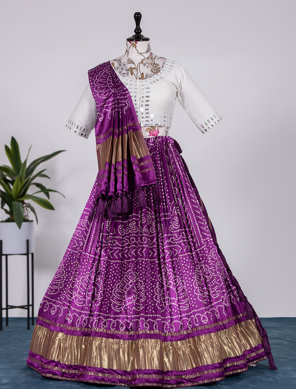 Amrutvarsha Wine Symphony Pure Gajji Silk Bandhej Print Handwork Lehenga Choli