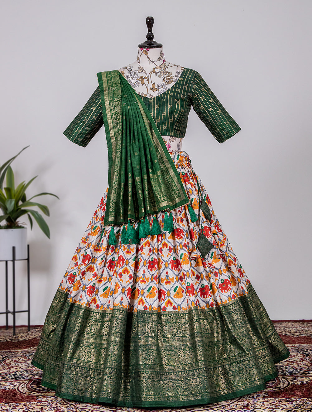 Prakriti Rang Vibrant Green Splendor Pure Dola Silk Foil Print Lehenga Choli