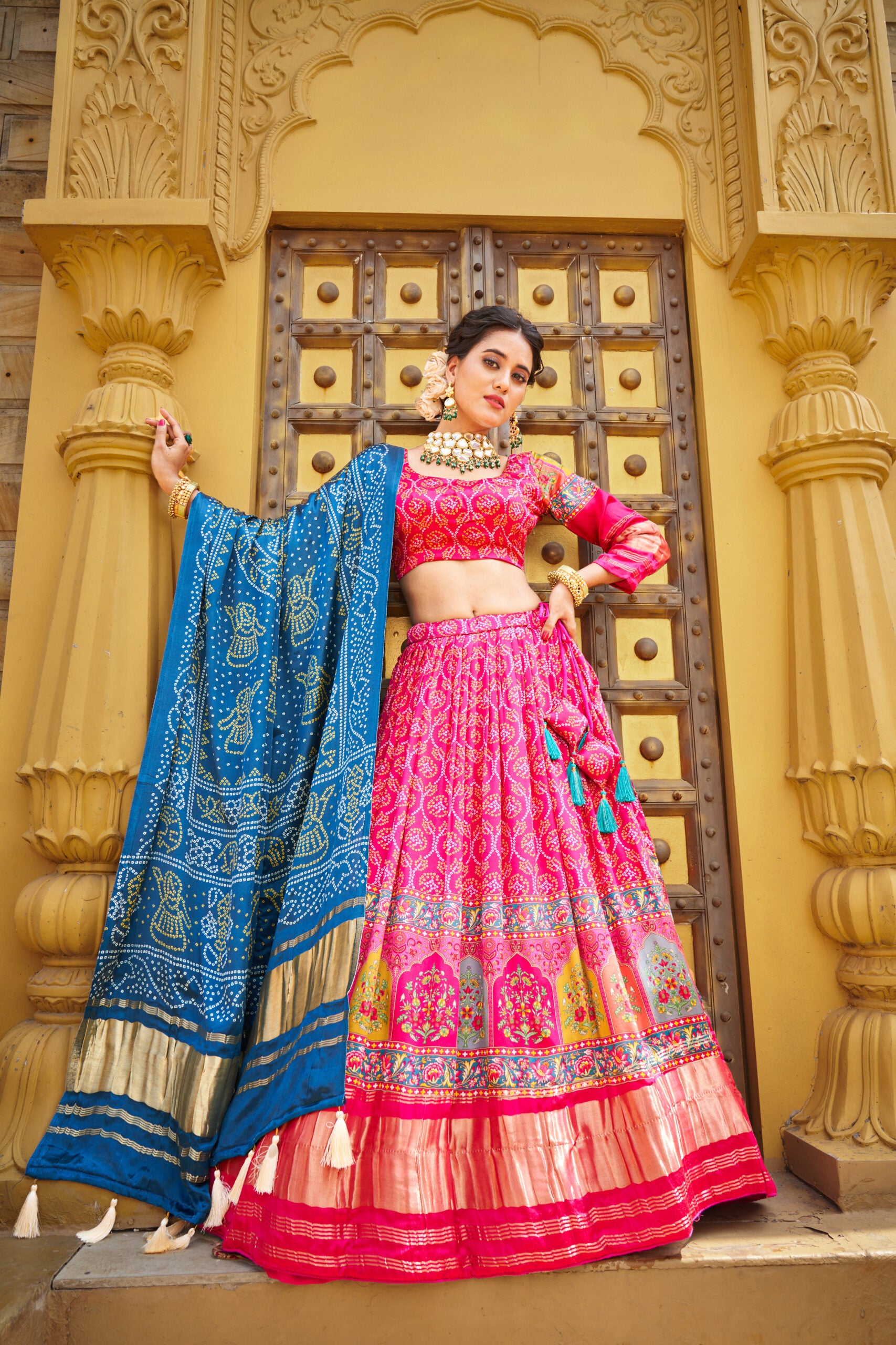 Gulabi Gajji Bandhej Pure Modal Silk Pink Bandhej Print Lehenga Choli