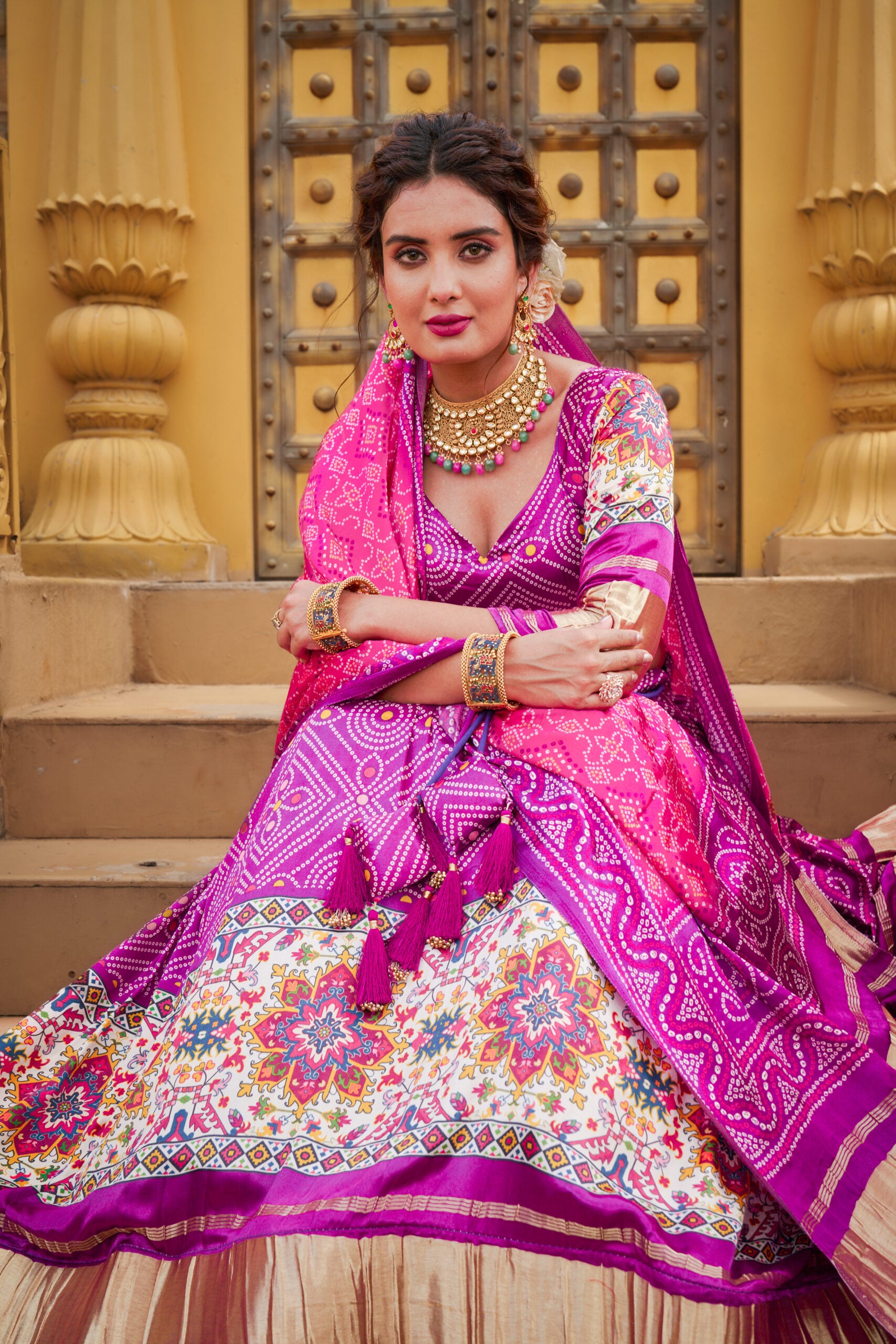 Lavender Bliss Enchanting Purple Bandhej Print Lehenga Choli in Pure Modal Silk Gajji