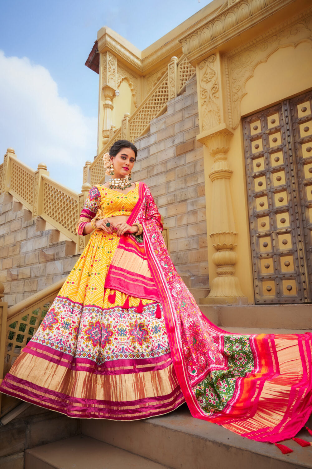 Amrut Varsha: Divine Yellow Rainfall Bandhej Print Lehenga Choli in Pure Modal Silk Gajji