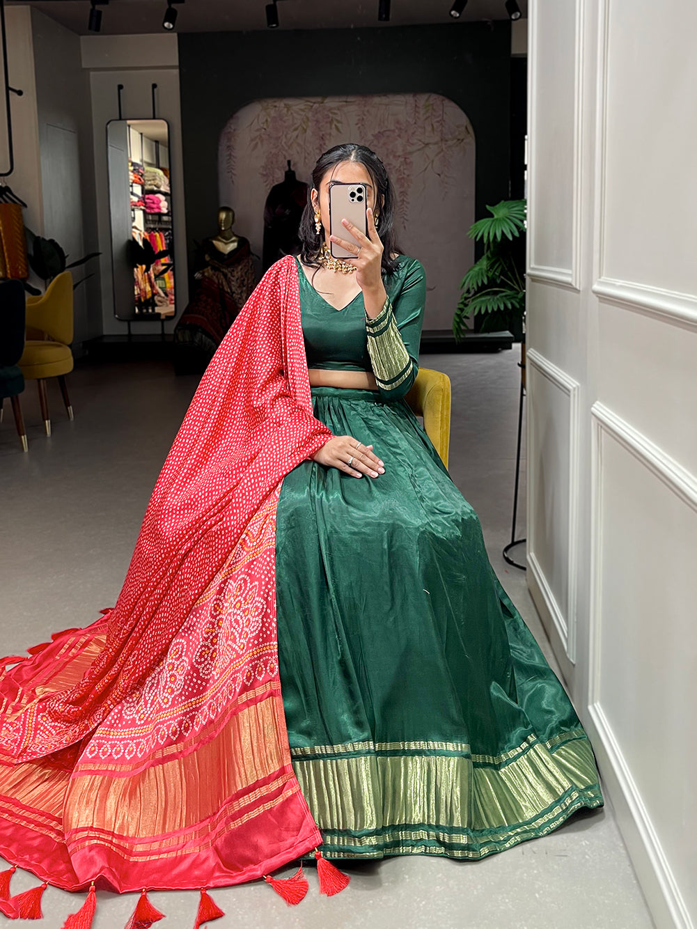 Prakriti Utsav Enchanting Green Celebration Pure Gajji Silk Bandhej-Patola and Pichwai Digital Print Lehenga Choli