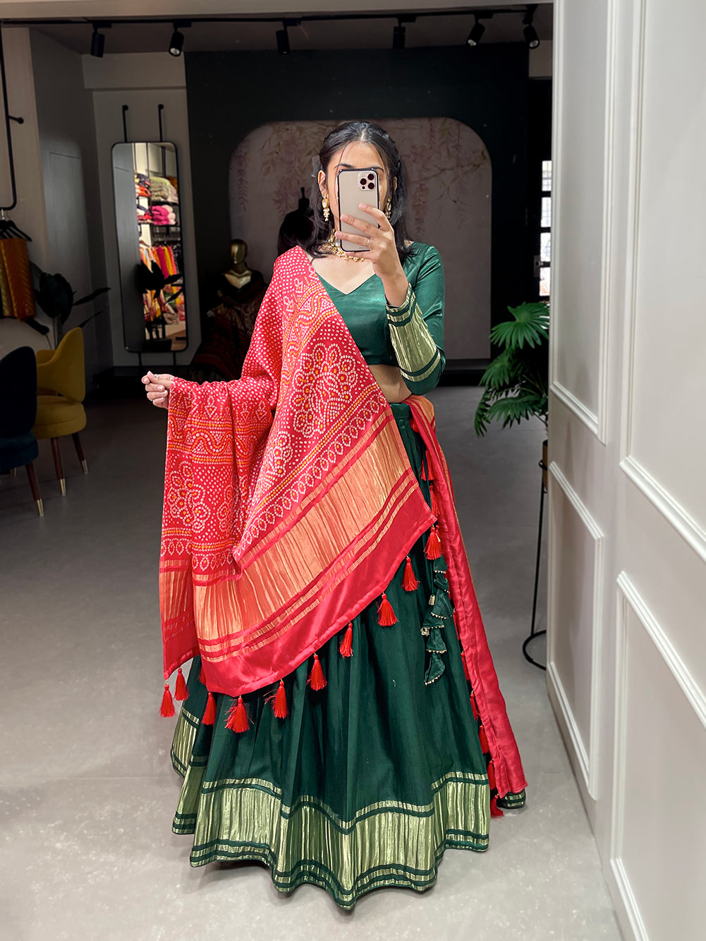 Prakriti Utsav Enchanting Green Celebration Pure Gajji Silk Bandhej-Patola and Pichwai Digital Print Lehenga Choli