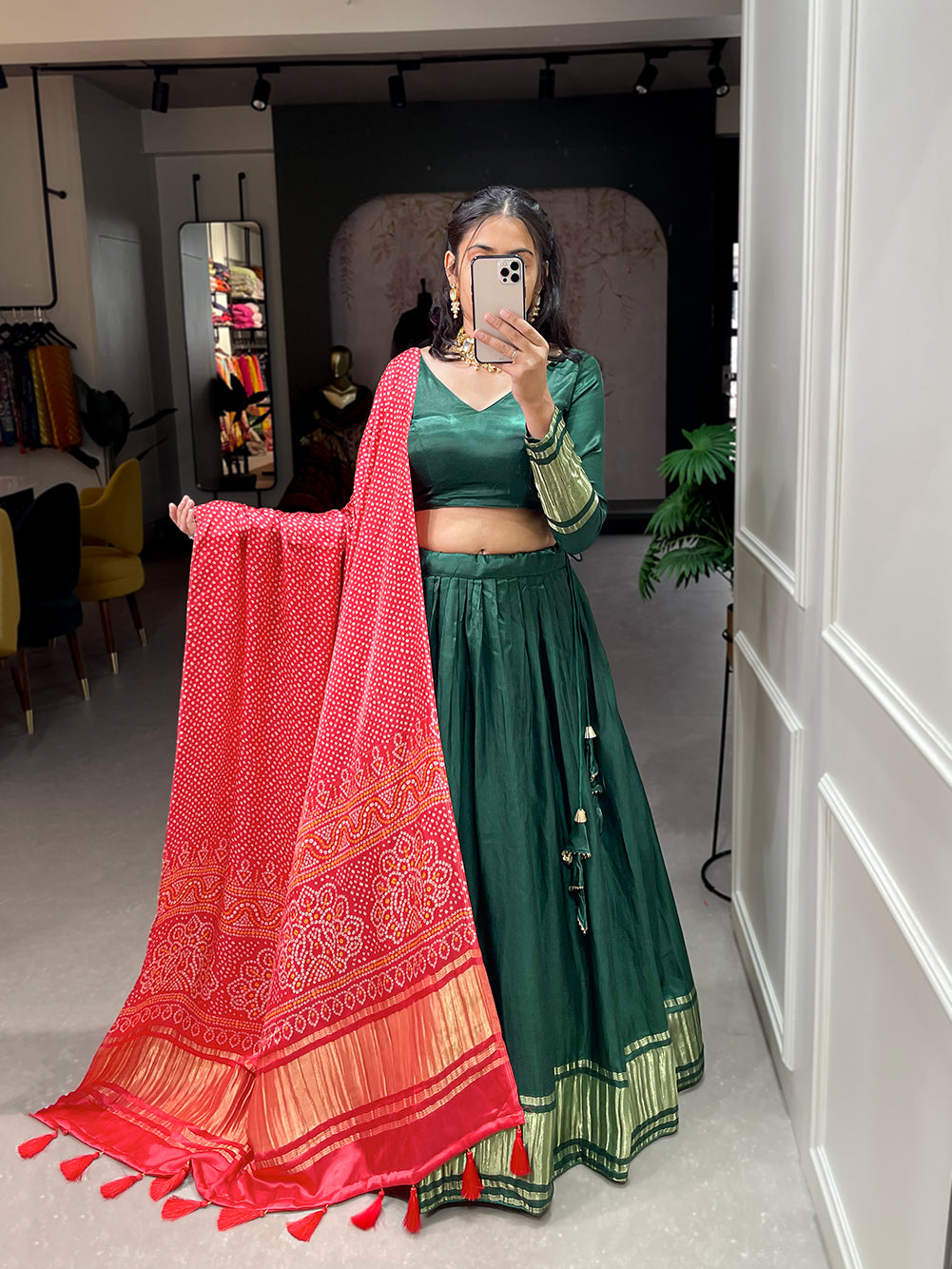 Prakriti Utsav Enchanting Green Celebration Pure Gajji Silk Bandhej-Patola and Pichwai Digital Print Lehenga Choli